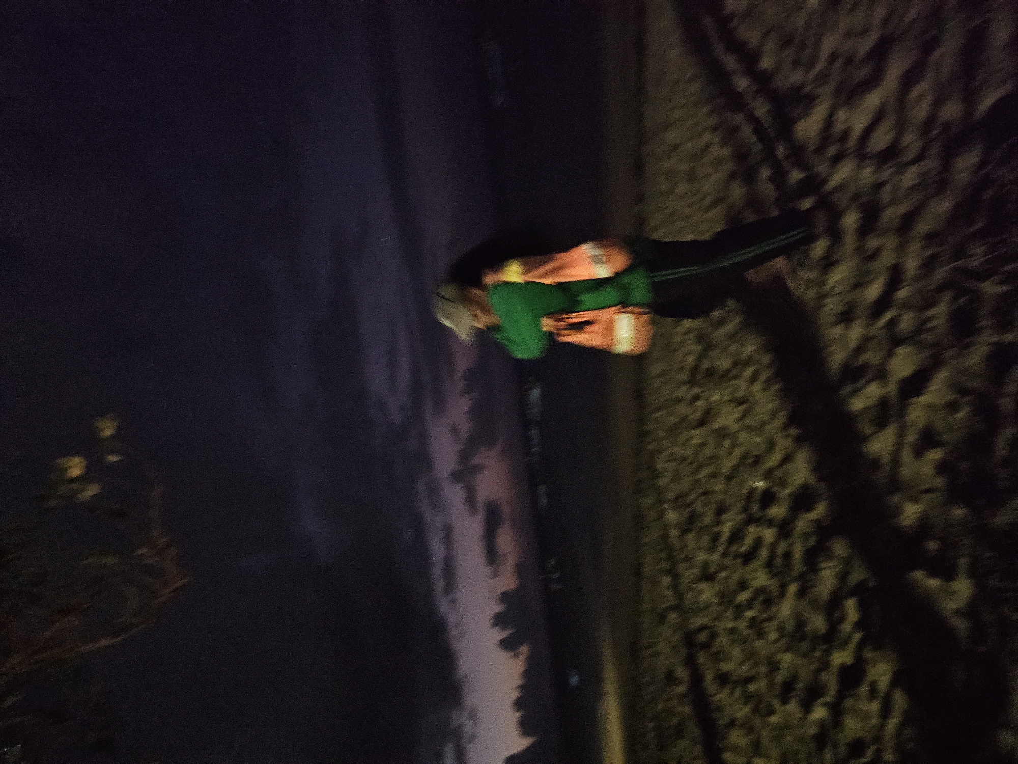 A person wearing a green long-sleeved shirt, black pants with a green stripe, and a light-colored baseball cap is walking on a sandy beach at dusk. They are also wearing two orange vests, one over the other, with reflective stripes. The sky is dark purple with some clouds, and the sea is barely visible in the background. The sand on the beach is illuminated by an unseen light source, casting shadows. The scene is blurry, indicating movement or low light conditions. The location is the shoreline of Denpasar, Indonesia.