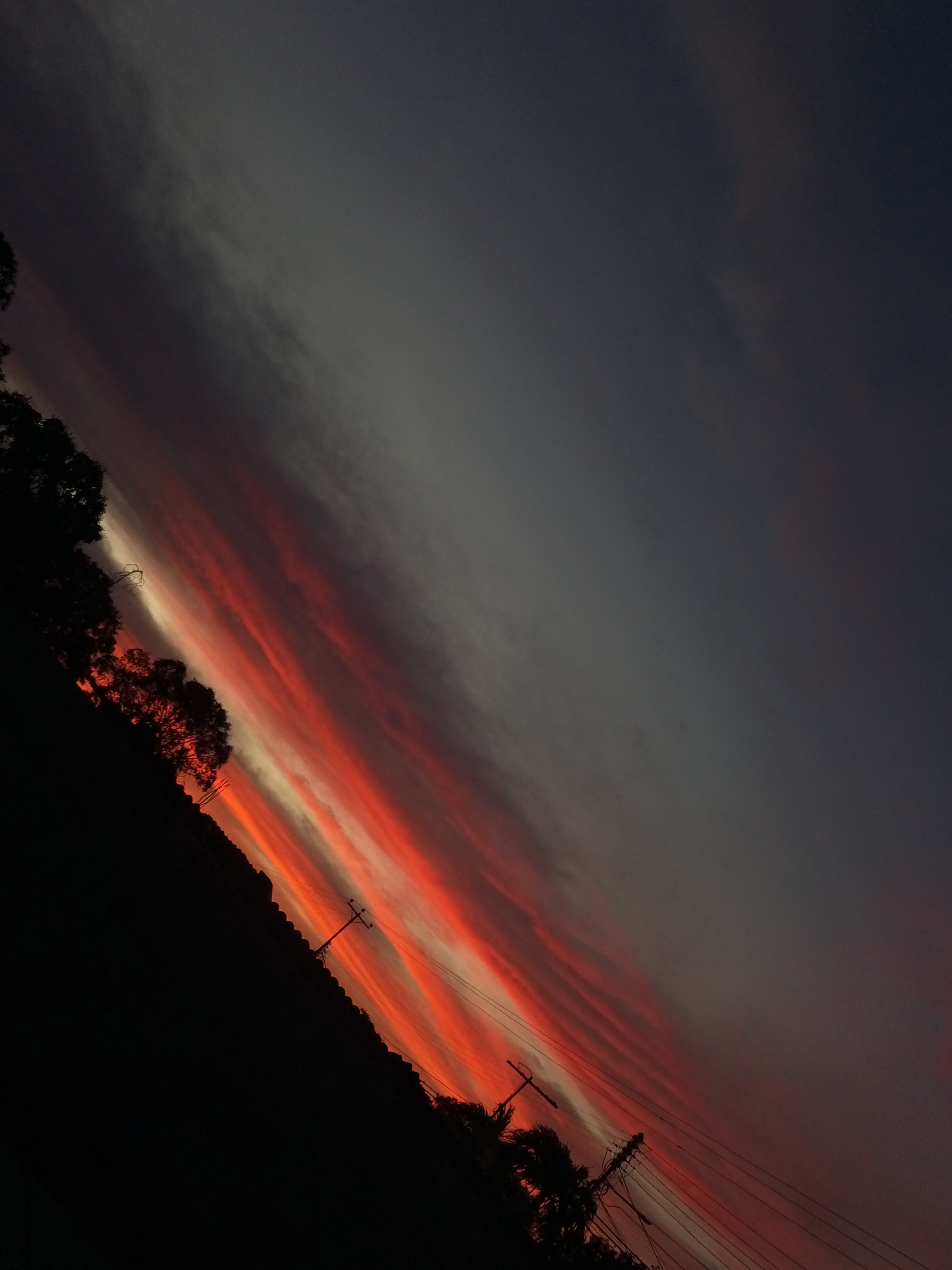 A tilted, low-angle photograph captures a vivid sunset over Juan Griego, Venezuela. The sky exhibits striated clouds of red and orange hues, contrasting with the deep gray-blue of the upper sky. Silhouetted trees and a dark hillside occupy the lower left, while telephone poles and wires are visible along the lower right, adding a sense of location and scale.