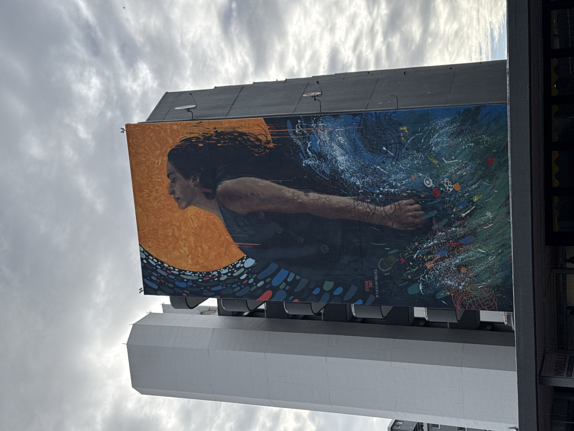 The image shows a large billboard in Cape Town, South Africa. The billboard features a mural depicting a woman swimming or diving, with her arms outstretched and hair flowing. The left side of the mural is painted in warm, orange tones, while the right side transitions to cooler blues and greens, depicting water and marine elements. The mural includes various details such as fish, nets, and what appear to be pieces of trash. The artist's signature is visible on the lower right corner of the billboard. The billboard is mounted on top of a building, and the cloudy sky is visible in the background. A fragment of a building can be seen on the right of the image.