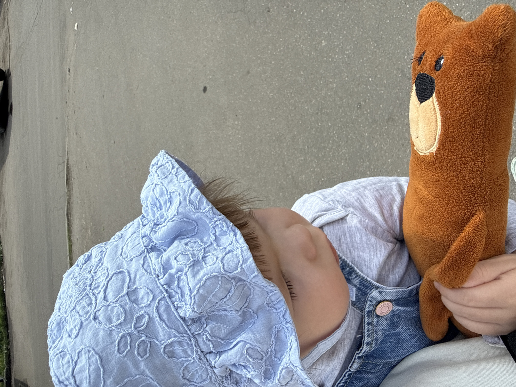 A baby, wearing a blue bonnet and denim overalls, is sleeping next to a brown stuffed bear. The scene appears to be outdoors on a paved surface. There is no specific evidence to suggest the location is Moscow, Russia.