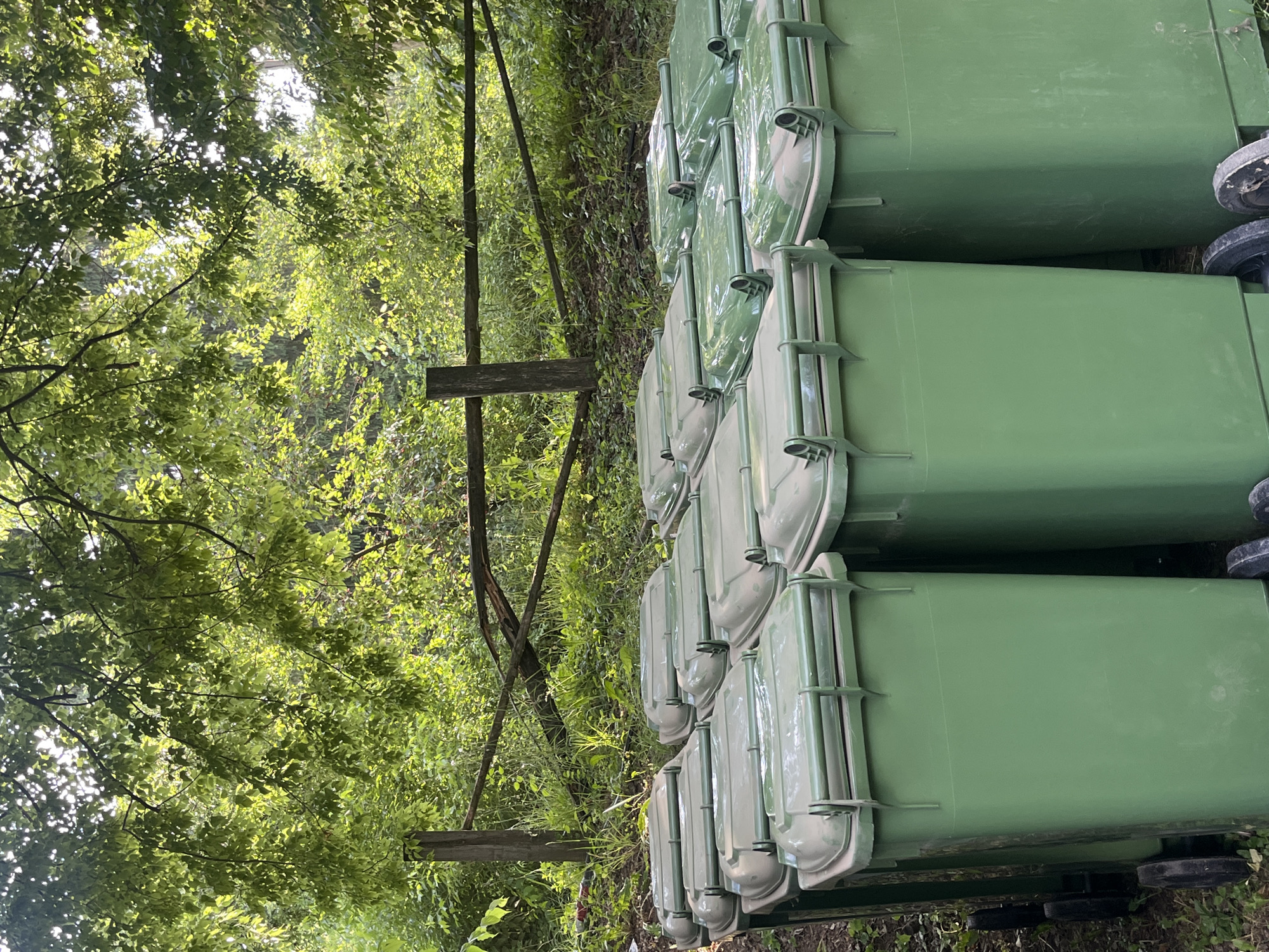 The scene captures an outdoor area in the city of Sremski Karlovci Municipality, Serbia, featuring a collection of numerous identical, dark green, wheeled waste bins. The bins, equipped with hinged lids and black wheels, are arranged in parallel rows on a surface composed of dirt and sparse vegetation. In the mid-ground, a rudimentary wooden fence, constructed from two horizontal logs supported by a single vertical post, spans across the frame. Beyond the fence, the background is dominated by dense, vibrant green foliage and trees, indicative of a wooded or heavily vegetated environment. Sunlight filters through the leaves in the upper portion of the image, creating bright highlights. No individuals are visible, and no actions or interactions are depicted.