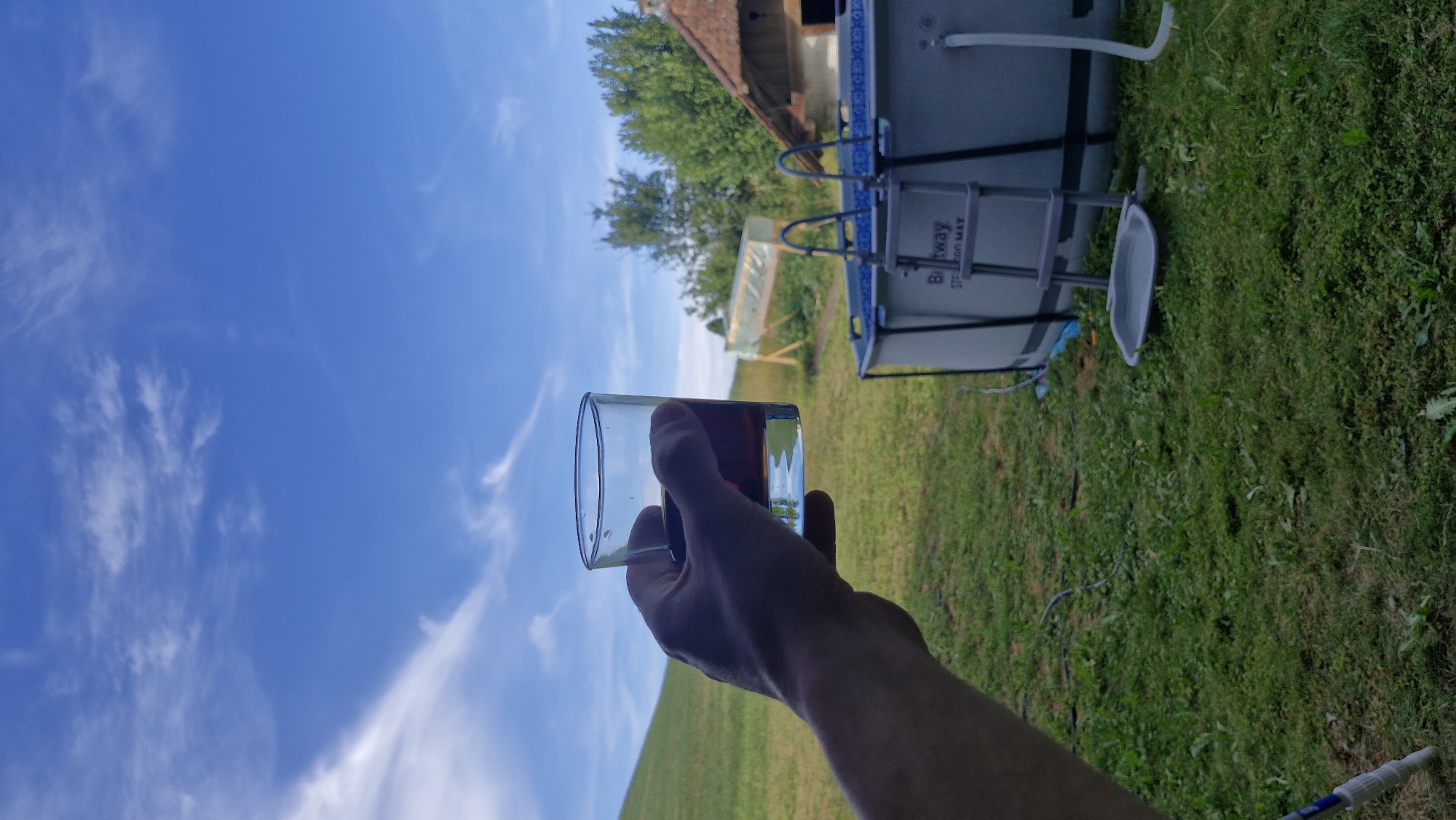 In an outdoor setting, a hand holds up a glass of dark liquid against a bright blue sky with wispy white clouds. In the background, a green grassy hill slopes upwards on the left. On the right, a grey frame pool with a ladder and a blue patterned liner is visible. Adjacent to the pool, a section of a building with a red tiled roof and an open doorway can be seen. Further back, trees form a dense green foliage. The overall scene suggests a relaxed, possibly recreational, environment.