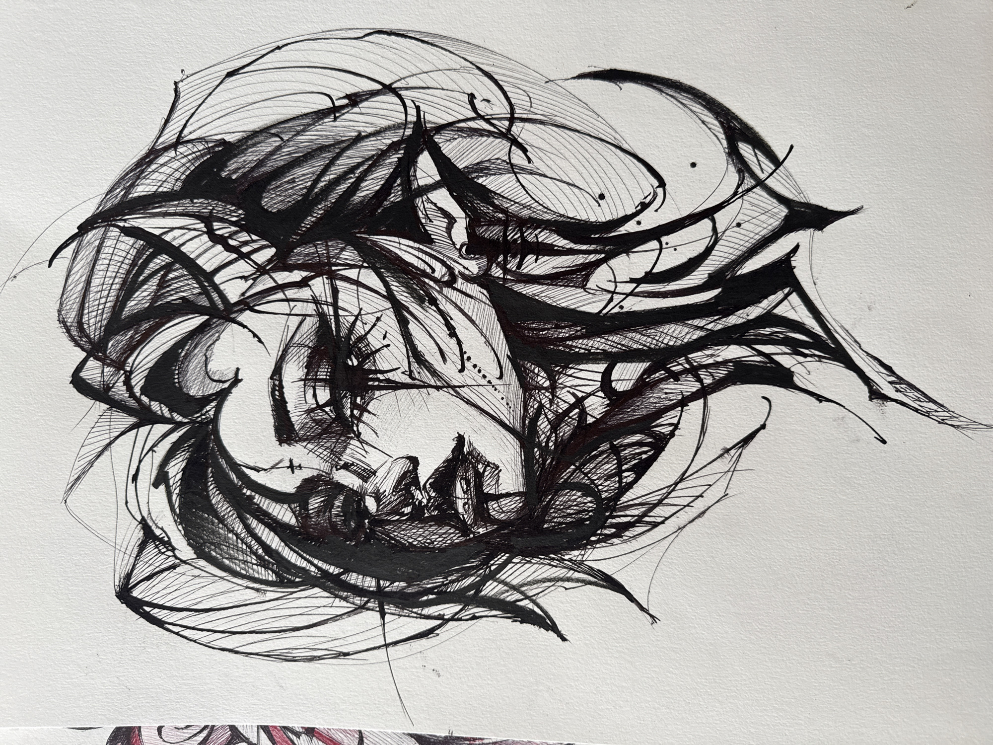The image is a black ink drawing on white paper. The subject appears to be a human face, possibly female, rendered in a stylized and abstract manner. The face is surrounded by swirling lines and dense hatching, obscuring details but suggesting hair or a surrounding environment. There are no other people, objects, or environmental markers visible that would permit identification of any specific location, including Sofia, Bulgaria. The artwork consists only of lines, shading, and negative space.