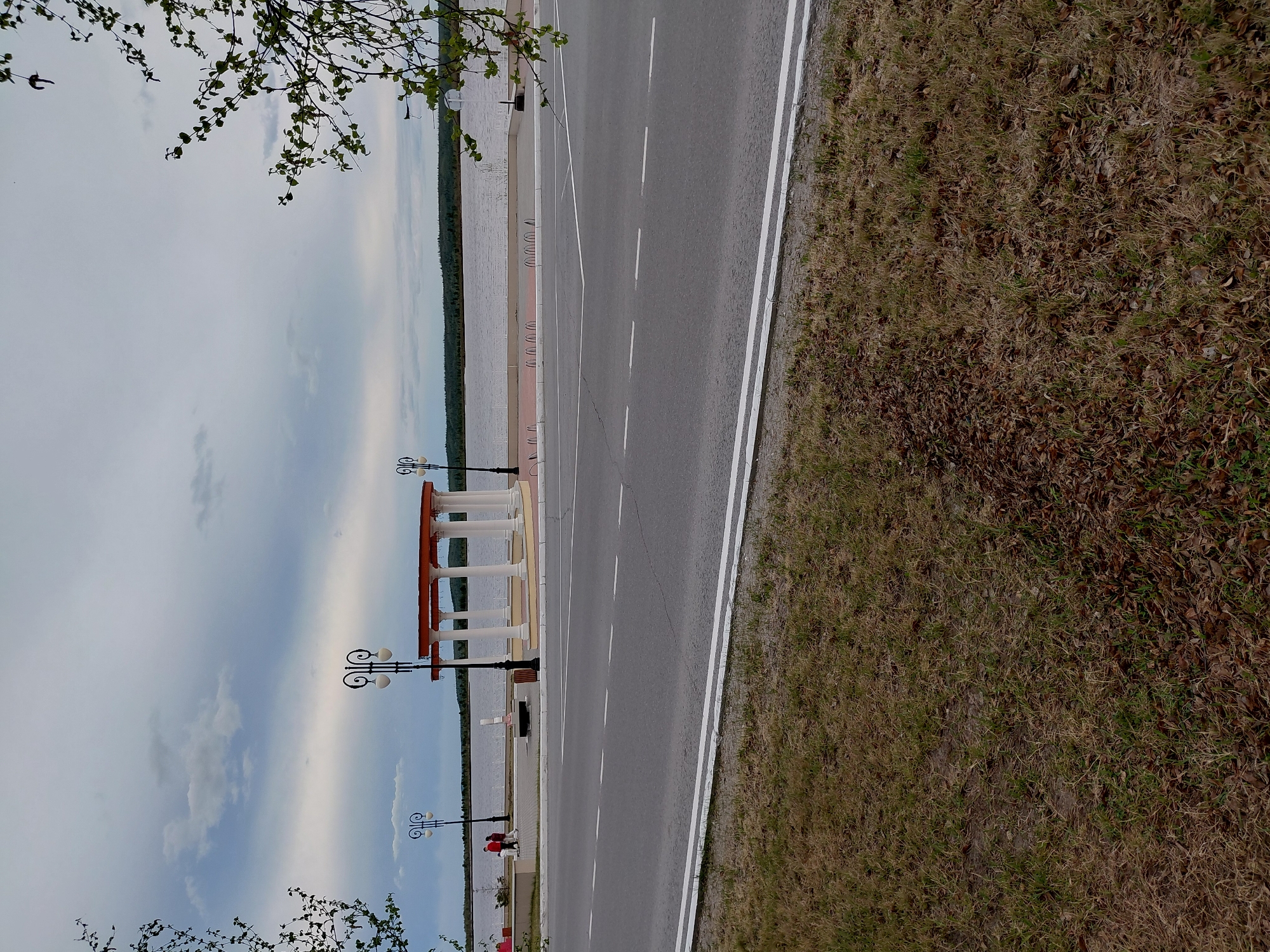 This media file captures a serene outdoor scene along an embankment in Nadym, Russia. The image is composed of three main horizontal sections: a strip of natural ground on the left, a paved road in the middle, and a developed promenade with a body of water on the right.
On the far left, there is a stretch of ground covered with mostly dry, brownish grass, interspersed with some green patches and fallen leaves. Adjacent to this is a paved asphalt road, which features a dashed white line indicating lanes and a solid double white line along its right edge.
To the right of the road, a well-maintained promenade runs parallel to a wide body of water, likely a river or lake. Along this promenade, several ornate black lampposts with multiple globes are visible. A prominent architectural feature is a classical-style gazebo or rotunda, characterized by white columns and an orange-red roof, situated on the promenade overlooking the water. Further down, near the road, are white U-shaped bicycle racks. Two individuals are discernible on the promenade near one of the lampposts, appearing to be standing or sitting, with one figure wearing a red top.
Across the expansive body of water, a dark, dense band of trees marks the distant shoreline, hinting at a forested landscape. The sky above is largely overcast with diffused light and visible clouds, suggesting a cloudy day, possibly during the late afternoon or early evening. Tree branches with fresh green leaves partially frame the top and bottom corners on the left side of the image. The overall scene conveys a peaceful and calm atmosphere. No visible text is present in the image.