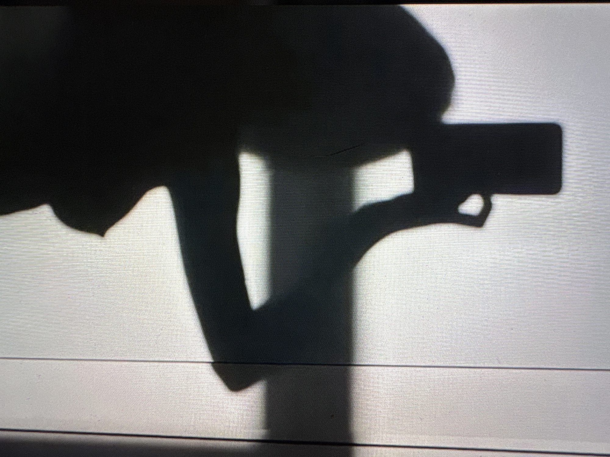 A shadow of a person holding a smartphone to take a selfie is cast on a white, vertical, textured surface. The shadow shows the outline of the person's head, shoulder, arm, and part of their torso. The smartphone is held in the person's right hand, and their thumb is visible on the edge of the device. The shadow suggests the person is wearing a low-cut top or is nude from the chest down. The background surface appears to be a wall or door with vertical paneling and is illuminated by light creating a bright, diffused effect.