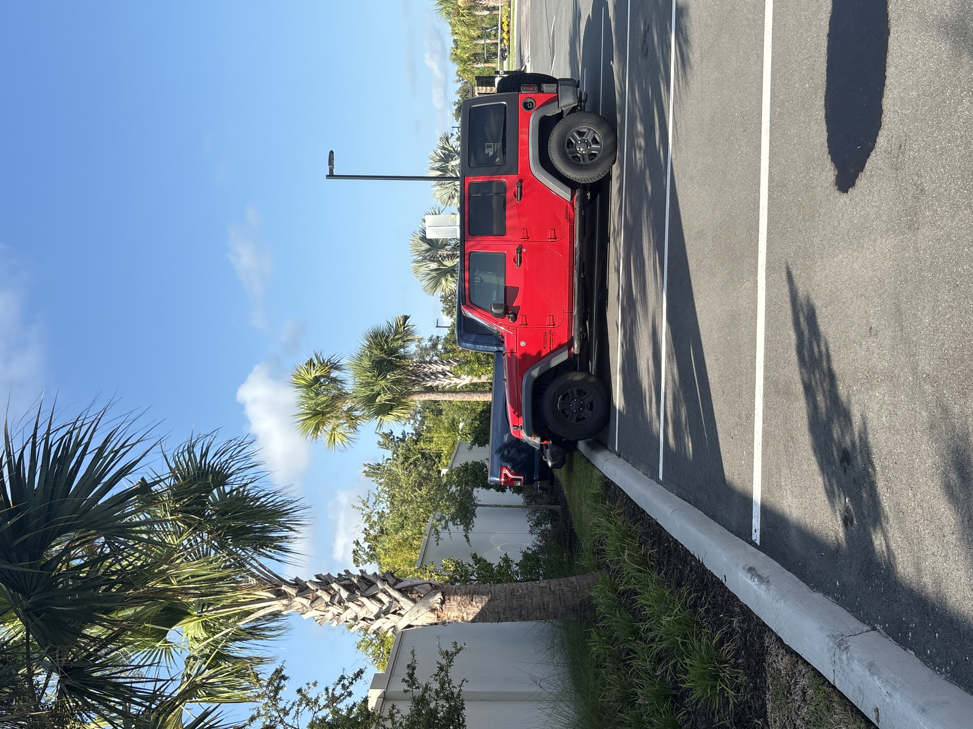 A red Jeep Wrangler is parked in a paved parking lot in Palmetto, Florida, United States, adjacent to a white wall and a grassy median bordered by a concrete curb. The Jeep is positioned in a marked parking space, with its right side facing the camera. A dark blue pickup truck is partially visible parked next to the Jeep. Tall palm trees are present on the left and in the background, with a clear blue sky overhead and a few scattered clouds. A dark shadow of palm fronds is cast across the parking lot. A modern-style lamppost stands in the background to the right of the Jeep. The environment suggests a warm, sunny day in a developed area, likely a commercial or residential complex.