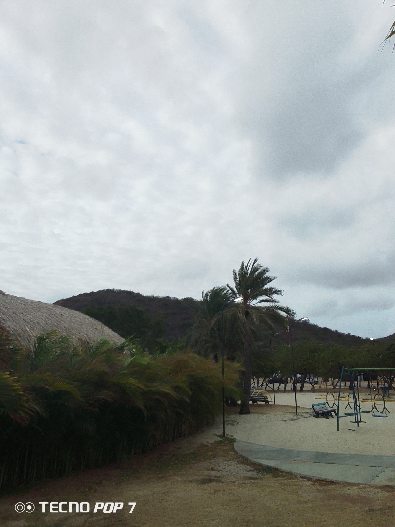 This image captures an outdoor recreational area in Pedro González, Venezuela, under a heavily overcast sky. The foreground features a dense, dark green hedge of foliage, partially obscuring the lower left, adjacent to a large, steeply sloped thatched roof structure. To the right and center, a sandy ground area contains blue and yellow metal playground equipment, including a swing set and climbing frame, positioned near two dark wooden benches. A curved concrete path traverses this sandy space. The midground contains several palm trees and other green trees, with multiple lampposts visible, some emitting light. In the background, dark, vegetated hills or mountains rise under a uniform expanse of grey clouds. No individuals or animals are visible within the scene.