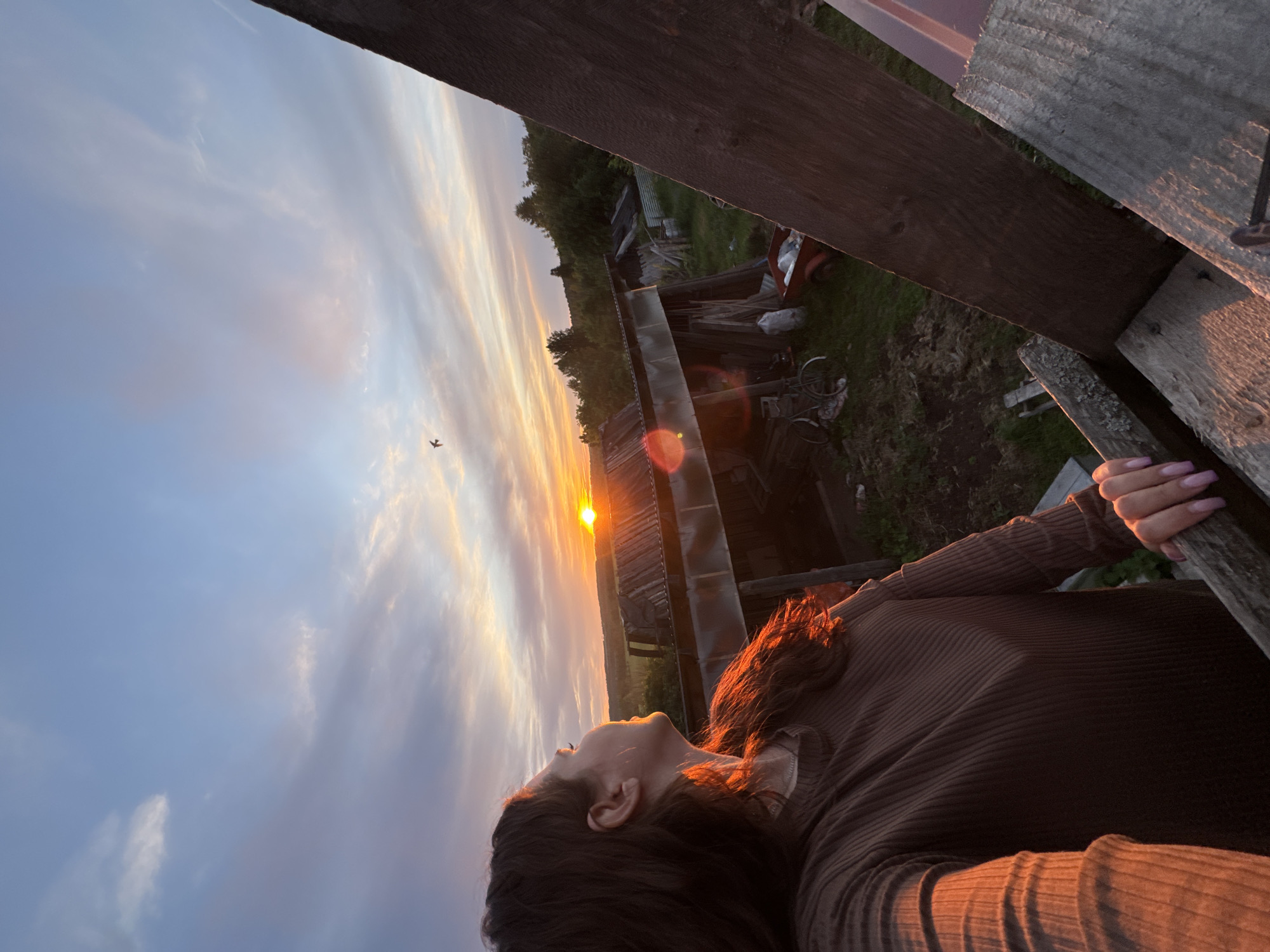A person is silhouetted against a sunset sky, appearing to be standing on a wooden structure, possibly a deck or elevated platform. The scene includes a view over the rooftops of buildings and foliage in Nizhnyaya Gar', Russia. The sun is setting in the distance, casting a golden glow across the scene. A single bird is visible in the sky. The person is wearing a brown long-sleeved shirt and has dark hair. They are grasping onto the wooden railing of the structure.