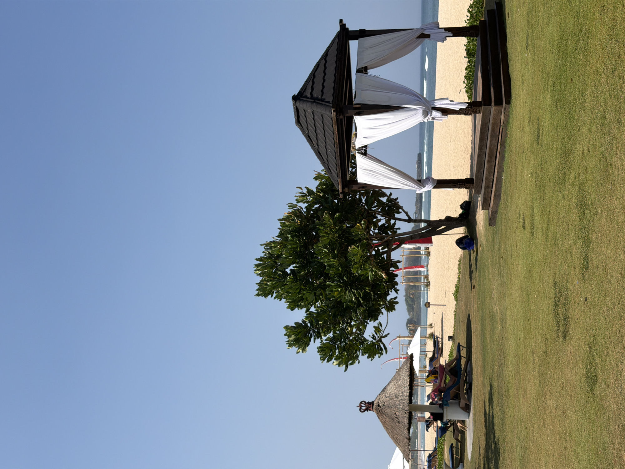 This image shows a beachfront resort scene on a clear day. In the foreground, a lush green lawn leads to a sandy beach. A dark wooden gazebo with white curtains is set up on a wooden platform, overlooking the ocean. To the left, several thatched-roof umbrellas and lounge chairs are scattered on the sand, with a few people relaxing under them. A large, leafy tree stands between the lawn and the beach. The ocean is visible in the background with gentle waves rolling onto the shore. The sky is a clear, bright blue. The location is Unknown, Unknown.