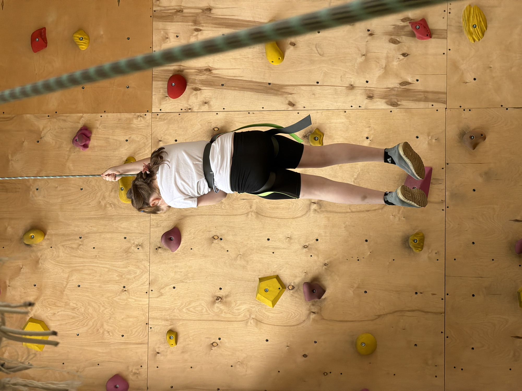 The image displays a young person actively engaged in rock climbing at an indoor facility, likely a climbing gym in Izhevsk, Russia. The climber is seen suspended horizontally against a light-colored wooden wall, which is constructed from multiple plywood panels.
The main subject, a young person with hair tied back, is wearing a white short-sleeved t-shirt, black athletic shorts with green accents, and a black climbing harness with green webbing. They are secured by the harness to a green and white climbing rope, which they also grip with their left hand. Their body is positioned flat against the wall, suggesting a focused effort during the climb. Their footwear consists of grey shoes with light-colored, textured soles. One foot is visibly resting on a pink climbing hold, while the other is pressed against the wooden surface.
The climbing wall features a variety of colorful holds in red, yellow, pink, and brown, strategically placed across its surface. The background consists entirely of these wooden panels and the holds, secured by visible screws. The photograph is taken from an elevated perspective, looking down on the climber, with a segment of the climbing rope appearing blurred in the foreground, creating a sense of depth. The scene is brightly lit, consistent with an indoor recreational environment. No text is visible within the image. The climber's face is partially obscured, but their body language conveys concentration and engagement in the physical activity.