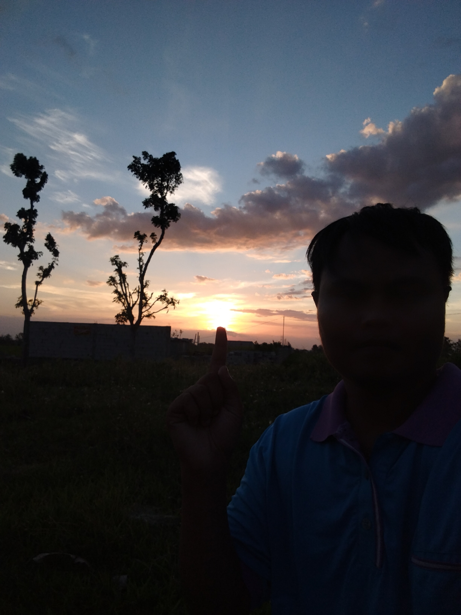 A medium-shot photograph, likely a self-portrait, depicts a man in silhouette against a sunset backdrop. The man is wearing a blue polo shirt with a purple collar and is partially obscured by shadow. His right hand is raised with his index finger pointing towards the sunset.
In the background, there are two trees silhouetted against the sky. A low wall or structure is also visible behind the trees. The sky shows a mix of blue and orange hues, with clouds scattered across the scene. The location appears to be an open field or grassy area. The city is Unknown, Unknown.