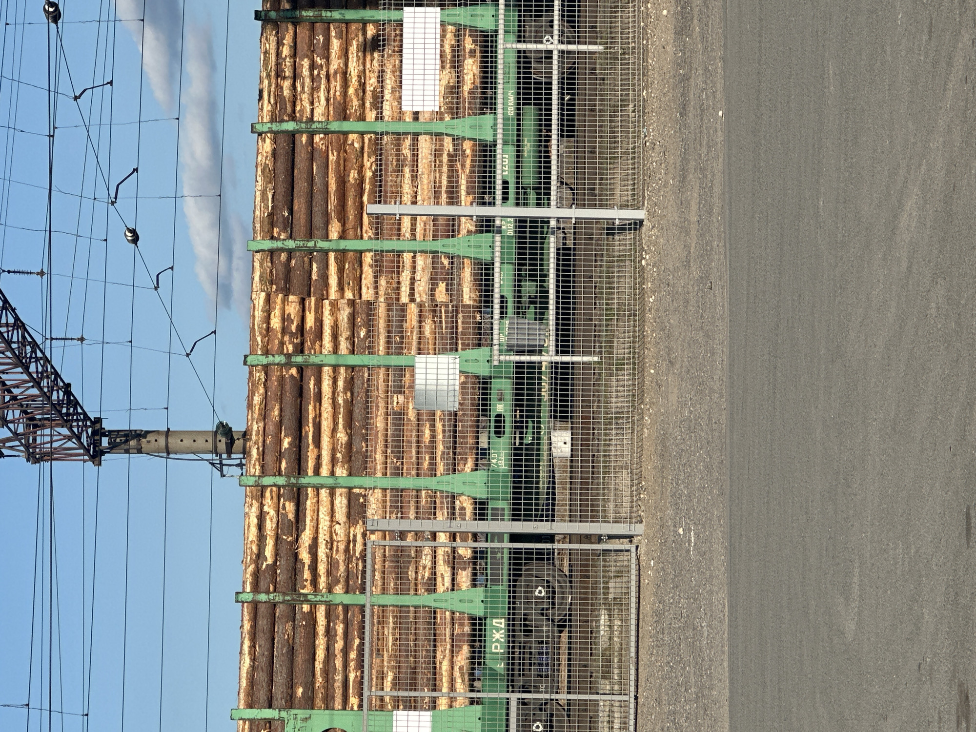 This is a vertical, eye-level shot of a train carrying a large load of logs. The train cars are green, with a metal safety fence running along their length. The logs are stacked high, filling the train cars and extending beyond them. Some of the logs are marked with white tags. The train is on a track adjacent to a gravel path and a paved road. In the background, there are power lines and a clear blue sky with some wispy clouds. The sunlight suggests it is daytime, likely late afternoon given the angle of the shadows and the warm tones of the wood. The overall scene appears to be at an industrial or logistical hub, possibly a lumber yard or a transport station, in Plesetsk, Russia. There is no visible activity or people.
Visible text includes "РЖД" on the side of a train car, which is the abbreviation for Russian Railways. There are also some numbers and possibly other lettering on the train cars, such as "7401" and "13.9".