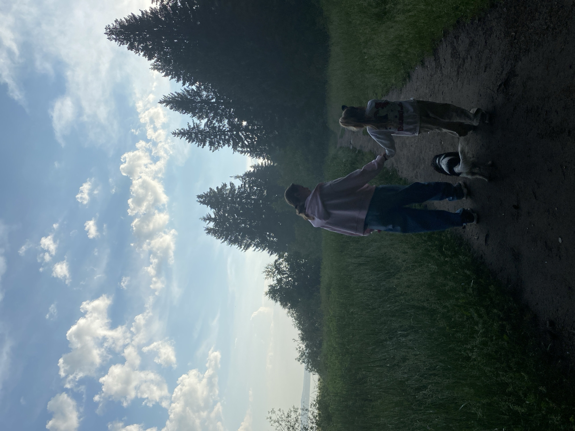 The image depicts a serene outdoor scene, likely taken in a natural setting on the outskirts of Votkinsk, Russia, given the resemblance to the local landscape. In the foreground, two individuals, a teenager and a younger child, walk hand-in-hand along a dirt path. They are accompanied by a small, black and white dog. The teenager wears a light pink hoodie and blue pants, while the child is dressed in a light-colored long-sleeved shirt and tan pants. Behind them, a dense forest of evergreen trees forms a dark, imposing silhouette against a bright, cloudy sky. The path meanders through a field of tall, lush green grass, suggesting a rural or park environment. The overall atmosphere is peaceful and evocative of a leisurely stroll through nature.
