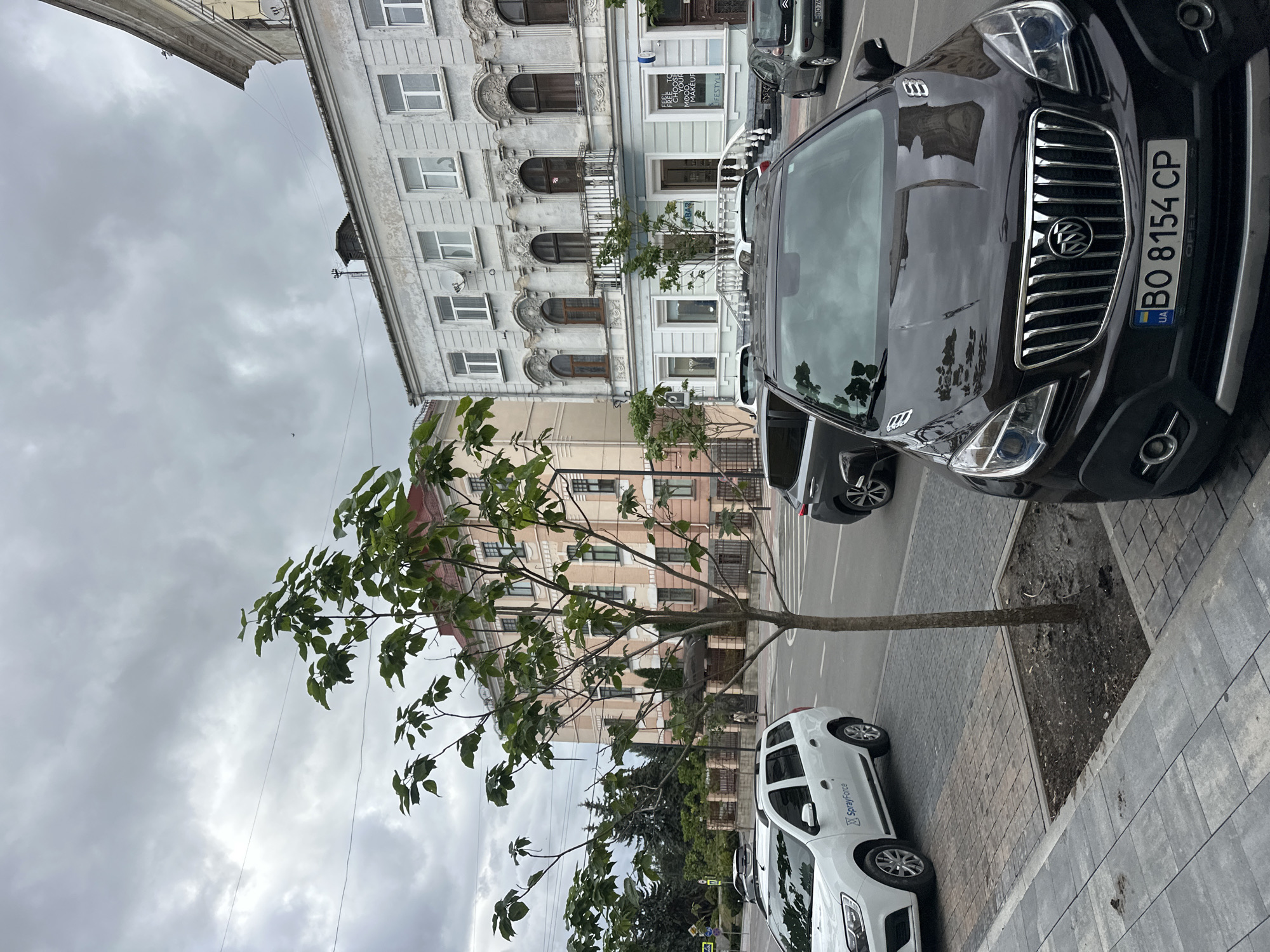 In Ternopil, Ukraine, on a cloudy day, a street scene unfolds. In the foreground, a dark-colored Buick is parked, its license plate visible: BO 8154 CP. Beside it, a white station wagon with "SprayForce" branding is also parked on the street. A small tree stands in a planter box between the two vehicles. Behind the cars, several buildings are visible. The building directly behind the white station wagon is a multi-story structure with a red roof. Further down the street, another building with a pale facade and ornate architectural details, including arched windows and balconies, stands. A few people are visible walking on the sidewalk in the distance. Trees and utility poles line the street, and the sky is overcast with thick clouds. The area appears to be a city street with sidewalks, a road, and parked vehicles.