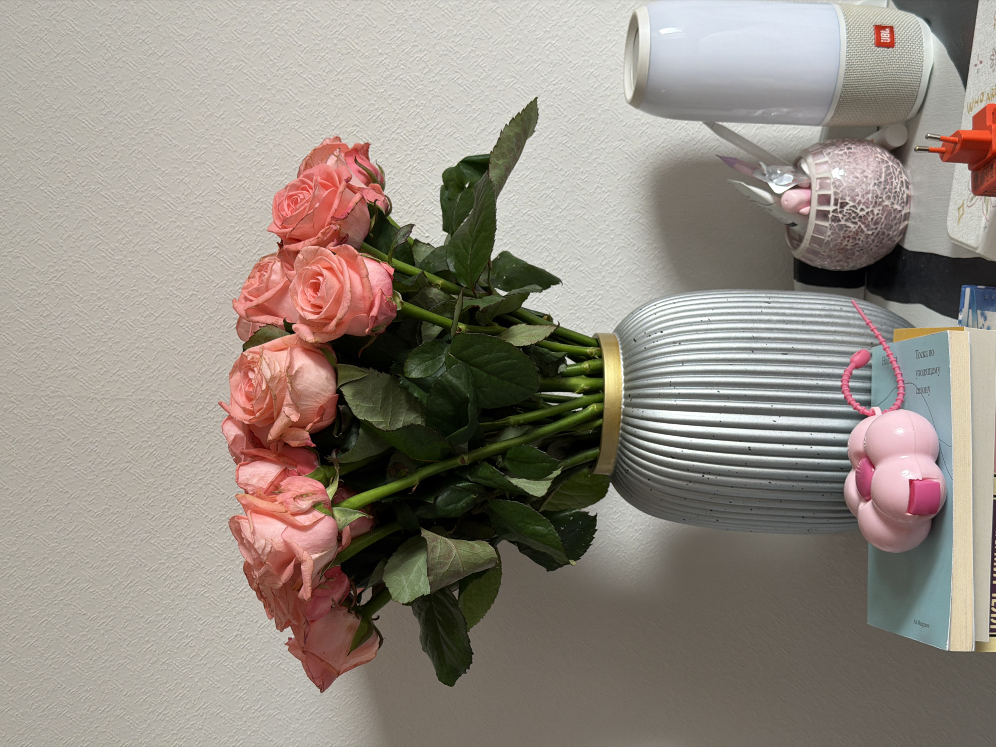A bouquet of pink roses in a horizontally oriented, silver vase with ribbed texture sits on a shelf next to books. Above the vase is a white JBL speaker, a decorative pink mosaic ball, and a red electrical adapter. The background is a textured white wall. The text on the book is in Russian; therefore, the location could be Moscow, Russia, but there is no confirmation.