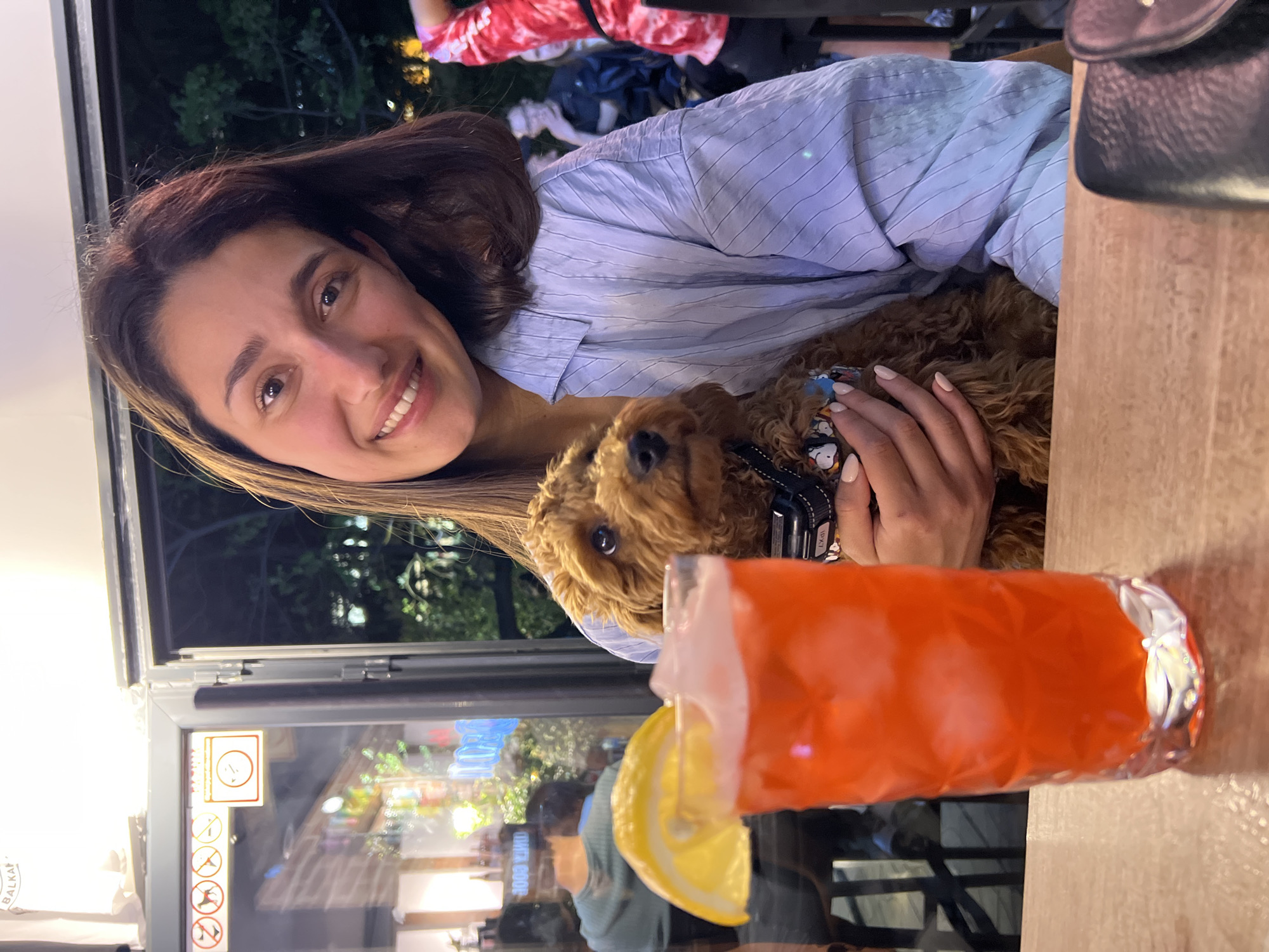 A woman with long brown hair smiles at the camera while holding a brown poodle. She wears a light blue striped shirt. In the foreground, a tall glass of orange liquid with a lemon wedge rests on a wooden table. Outside the window, one can discern signs and figures through the glass. The window frame and outdoor greenery indicate the scene is an outdoor bar or restaurant in Bar, Montenegro.