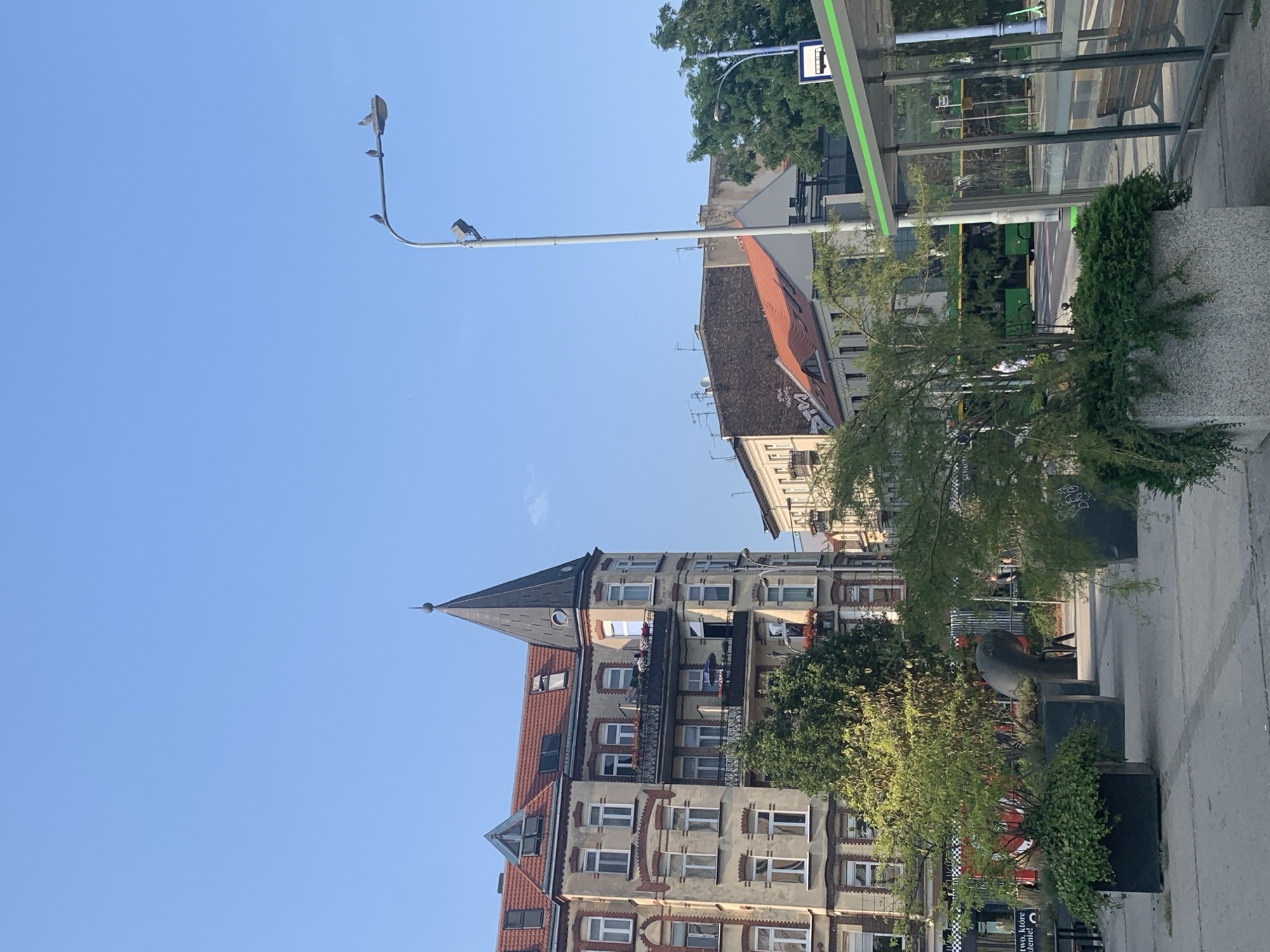 The image depicts a street scene in Poznan, Poland, with a clear blue sky above. In the foreground, several large planters contain lush green foliage. A sidewalk with a distinct paving pattern runs across the bottom of the frame. To the left, an imposing, light-colored apartment building with a red tiled roof and a prominent dark turret dominates the view. It features numerous windows and balconies adorned with red flowers.
In the middle ground, a modern bus stop shelter with a green accent line is visible to the right. Behind the planters and to the left of the bus stop, a green bus is seen driving on the street. Further into the background, other buildings with red roofs and a dense canopy of green trees are present. A tall, slender streetlight stands in the middle of the frame, with three pigeons perched on its arm. The overall impression is that of a sunny day in an urban environment.