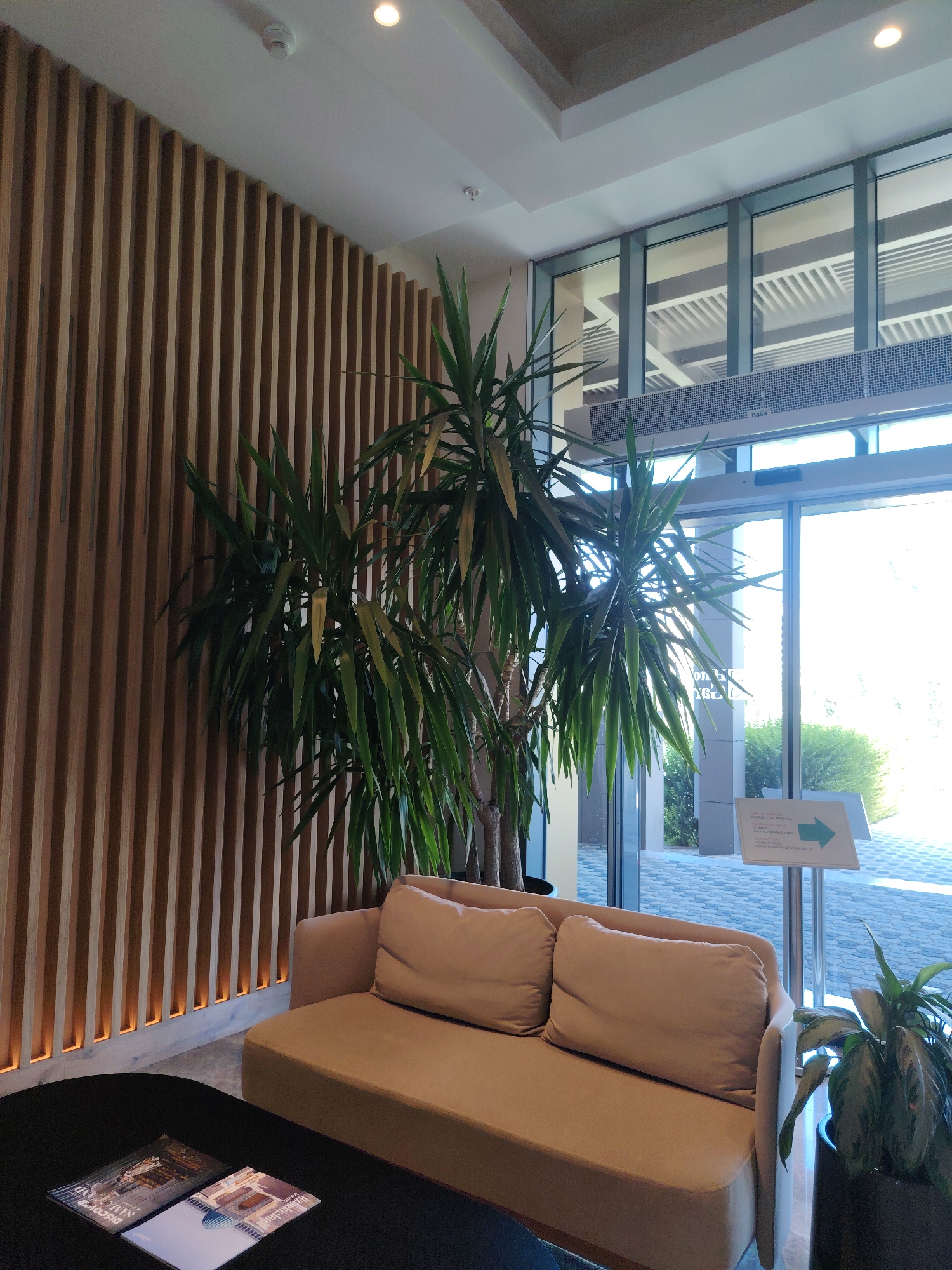 This image depicts the interior of a modern building, possibly a hotel lobby or a business lounge, located in Kuchtumgali, Uzbekistan. The scene is brightly lit, with natural light streaming in from large glass doors and windows that offer a view of an outdoor area with patterned paving stones and greenery.
Dominating the foreground is a contemporary, beige-colored sofa with two plush throw pillows. In front of the sofa, a black coffee table holds two open magazines, their covers showing architectural or interior design imagery. To the left of the sofa, a large indoor plant with long, sword-like green leaves is positioned against a wall clad in vertical wooden slats. This wall features subtle accent lighting along its base. To the right of the sofa, another potted plant with variegated leaves stands near the glass doors.
The background reveals more of the building's architecture, including a slatted ceiling and large glass panels that seem to be automatic doors. A white directional sign with a green arrow pointing to the right is visible on a glass pillar near the doors. The overall ambiance is clean, stylish, and welcoming, suggesting a well-maintained public space. There are no people visible in the image.