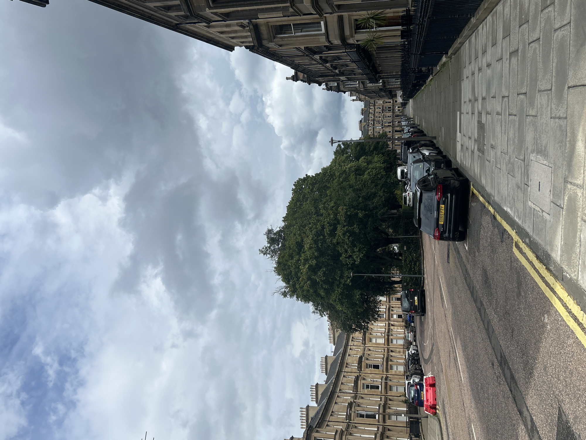 The image shows a street scene in the City of Edinburgh, United Kingdom, with a row of traditional stone buildings on the right side and a line of parked cars on the left. The street is paved with asphalt and has double yellow lines marking the center. A pedestrian sidewalk made of large stone slabs runs along the buildings on the right. A large, mature tree with dense foliage dominates the center of the image, partially obscuring the view of buildings further down the street. The sky is overcast with scattered clouds. Several cars are parked along the street on both sides, including a black Audi in the foreground on the left. Red construction barriers are visible on the left side of the street. The architecture of the buildings suggests a historic urban setting.