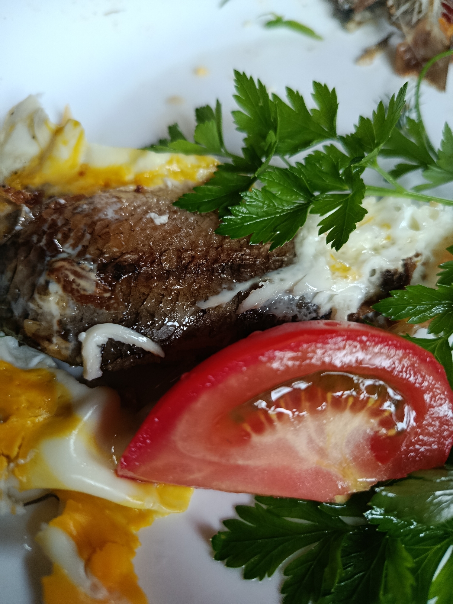 A close-up, overhead shot shows a dish of food on a white plate. The plate contains a fried egg, a slice of tomato, a piece of meat, and a garnish of parsley. The egg appears to be sunny-side up, with a runny yolk. The tomato slice is bright red and juicy. The meat is a dark brown color, possibly steak or roast beef, with some white sauce drizzled over it. The parsley is fresh and green, adding a splash of color to the dish. The lighting is bright and natural, suggesting the photo was taken during the day. The background is blurred and out of focus, drawing all attention to the food.