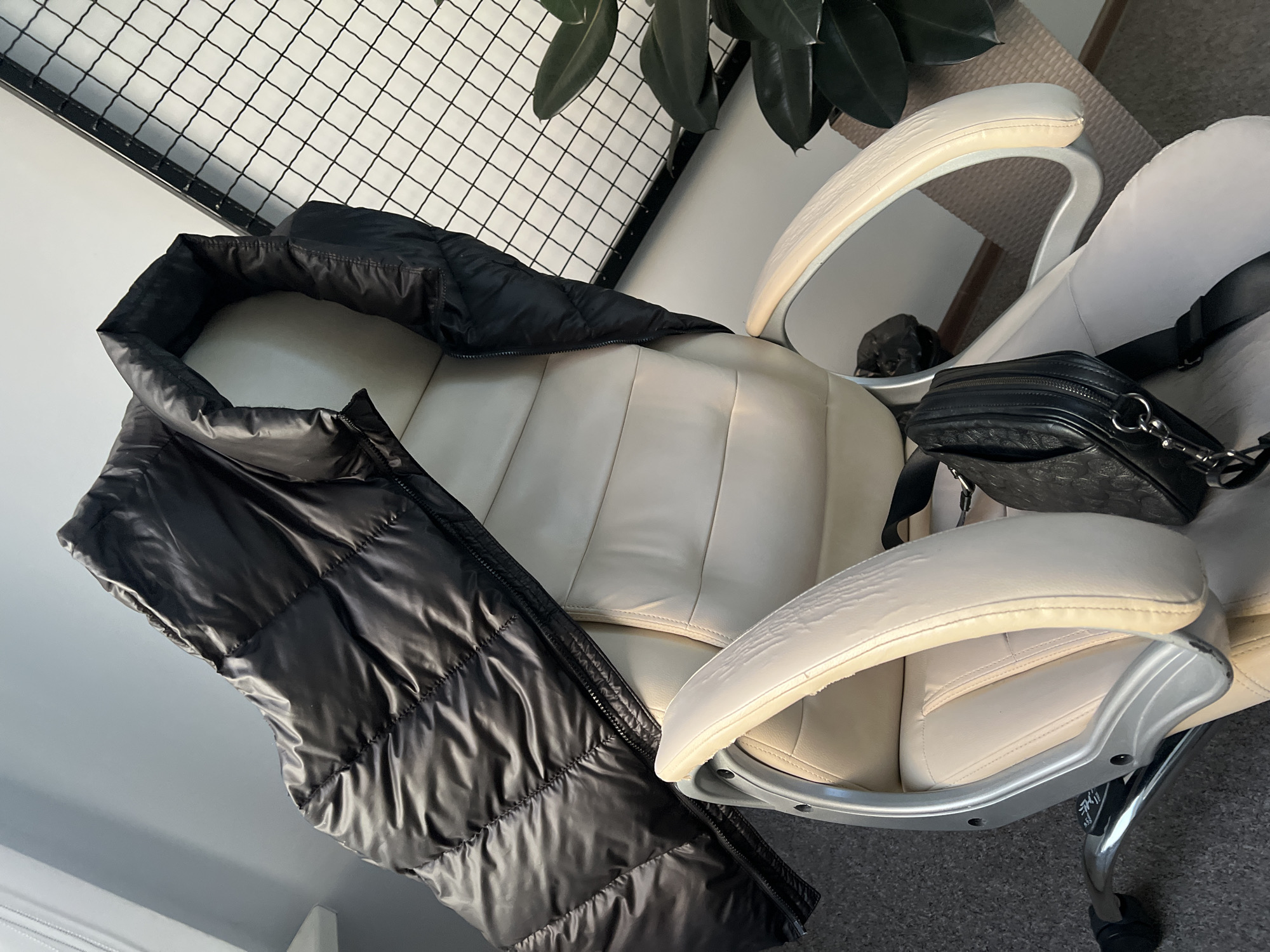 The scene captures an interior setting. Predominantly visible is a beige office chair with a black puffer jacket casually draped over its back. A black crossbody bag is placed on the armrest of the chair. In the background, there's a potted plant with dark green leaves and a wire mesh structure. The location is assumed to be an interior space, potentially in a city, given the presence of objects suggesting a domestic environment, but the exact location (Poltava, Ukraine) is not ascertainable from the scene. No people are visible in the frame. The interaction is inanimate, involving the placement of the jacket and bag on the chair.