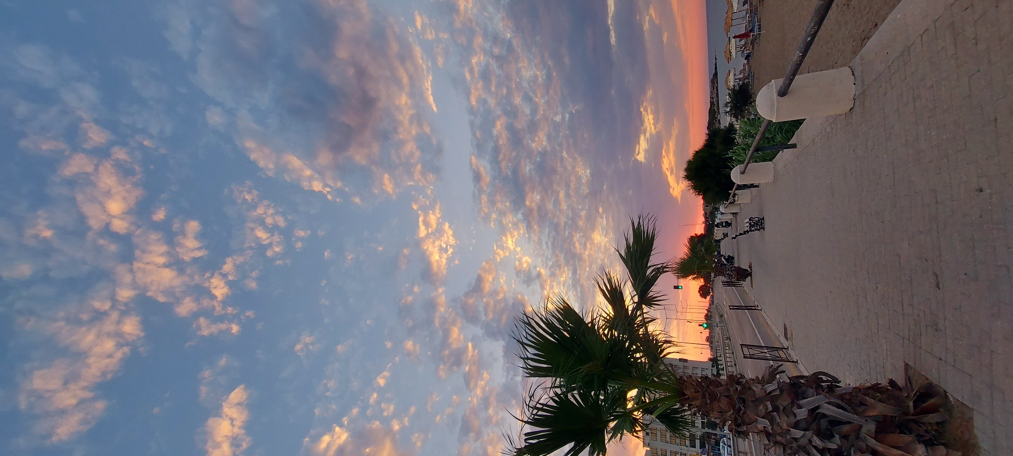 The image depicts a coastal promenade in the Municipal Unit of Rhodes, Greece, during sunset. The sky is filled with scattered clouds tinged with hues of orange, pink, and blue, indicating the sun is setting or has recently set. A prominent palm tree stands in the foreground on the left, its fronds obscuring a portion of the sky.
To the left of the promenade, a road runs parallel, with some vehicles visible. Traffic lights show a green signal. Beyond the road, buildings are present, some of which appear to be hotels or residences.
The promenade itself is paved with interlocking bricks and features a railing along its edge. Several park benches are placed along the promenade, and a few parked motorcycles are also visible.
To the right of the promenade is a sandy beach, equipped with beach chairs and umbrellas, suggesting a recreational area. The sea is visible in the distance, meeting the horizon. The overall scene conveys a peaceful, end-of-day atmosphere.