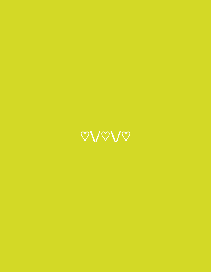 The image displays a plain, bright yellow background with a series of four white, outlined hearts separated by the letter 'V'. The hearts and 'V's are centered horizontally and are located in the upper middle portion of the frame. No elements of the city of Sonobekel, Indonesia, are present in this image.