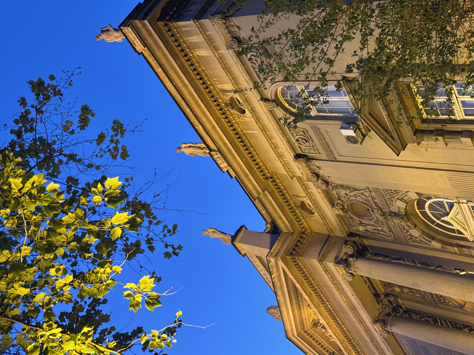 This low-angle, tilted photograph captures an ornate building against a deep blue sky, strongly suggesting dusk or nightfall. The scene is illuminated by warm, golden artificial light, highlighting the building's intricate architectural details and parts of nearby trees. The location is Belgrade, Serbia.
The building exhibits classical architectural elements, including prominent cornices, fluted columns with Ionic capitals, and elaborate decorative carvings. Detailed friezes feature geometric patterns, possibly a Greek key motif, and various scrollwork and sculptural reliefs. Several rounded windows with pane divisions are visible, and a small, modern white air conditioning unit is attached to the upper facade. Three grotesque or gargoyle-like figures are seen protruding from the building's cornices, adding a historical and decorative touch.
To the left, a section of a tree with vibrant, bright yellow-green leaves, illuminated by the artificial light, stands out against the dark blue sky. Other bare branches and smaller clusters of leaves are also present. On the right, darker green foliage, possibly vines, drapes down parts of the building.
The deep, clear blue sky provides a strong backdrop for the brightly lit structure and foliage. The overall impression is one of historical grandeur and artistic detail, seen under the dramatic lighting of evening. A very faint and indistinct rectangular sign is barely visible on the lower right portion of the building.