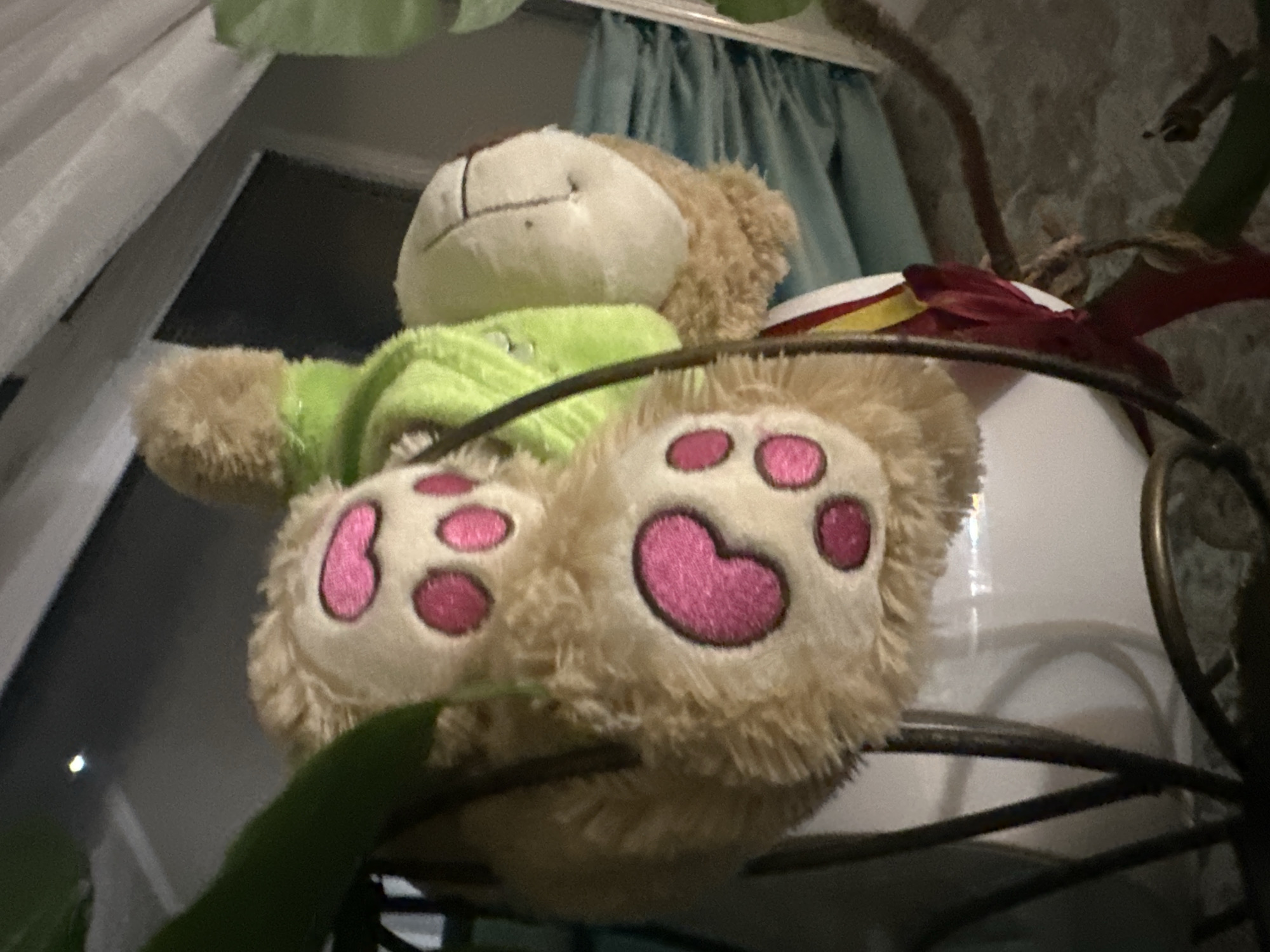 An indoor close-up shot shows a tan teddy bear dressed in a bright green hooded sweater. The bear is positioned on its back, with its legs extending upwards. The soles of its feet are visible, adorned with embroidered pink paw prints. The bear's face, turned to the left, is partially obscured by its head. Behind the bear, a white ceramic pot is visible, with hints of red and yellow decorative elements peeking from behind it. The background includes a dark curtain, a window frame, and what appears to be a textured wall. The scene is framed by dark, thin metal bars of a decorative stand or holder, with some green foliage also present. The lighting suggests an evening or dimly lit indoor setting.