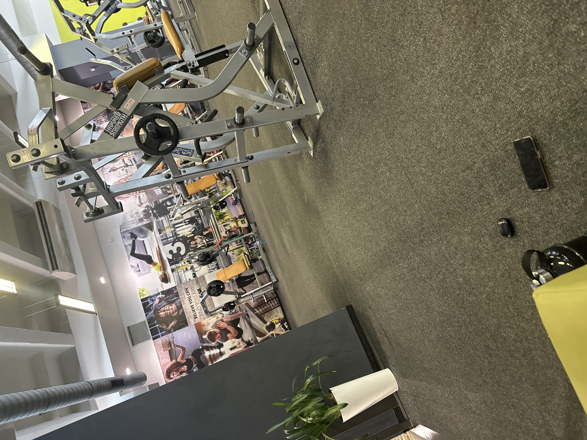 The image presents a tilted, low-angle view inside a modern gym, devoid of people. In the foreground, a robust grey Hammer Strength exercise machine, possibly an incline or shoulder press, dominates the space, featuring brown upholstered pads and several "STAY CLEAN" labels on its frame.
The floor is covered with a dark grey, textured carpet. Along the back wall, large, vibrant motivational posters and graphics depict individuals engaged in various fitness activities. Partially visible text on one poster reads, "BELIEVE YOU CAN AND YOU ARE." Overhead, bright ceiling lights illuminate the area, alongside exposed ventilation ducts.
Towards the right side of the image, a black smartphone and a pair of dark earbuds rest casually on the carpet. A section of a yellow object, possibly a chair or another piece of equipment, is visible in the bottom right corner. In the mid-ground, a black counter or bench holds a potted plant with lush green leaves in a white container. The gym appears well-lit and organized, suggesting it is prepared for use during daytime hours, although no specific time or weather cues are evident from the indoor setting. The visible brand "Hammer Strength" indicates professional-grade equipment.