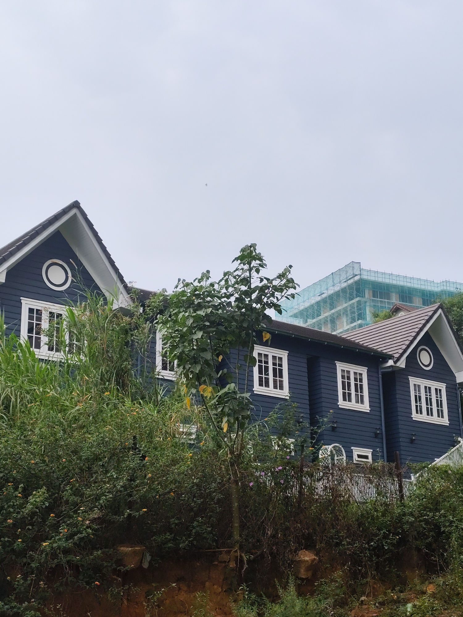 The image captures a two-story navy blue house with white trim in Da Lat, Vietnam. The house features multiple rectangular windows and circular decorative elements near the gabled roof. Lush greenery partially obscures the house's facade. A construction site, covered in blue scaffolding, is visible behind the house. The sky is overcast.