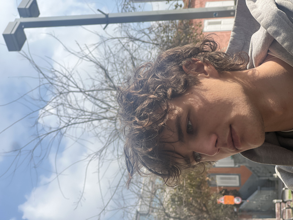 The image depicts an urban outdoor environment in Tel-Aviv, Israel, under a sky with scattered white clouds. The primary subject is a young male, appearing to be in his late teens or early twenties, positioned in the foreground. He has light skin, dark brown, curly, medium-length hair, and light-colored eyes. Faint stubble is visible on his chin and jawline. He is wearing a grey hooded sweatshirt with the hood down, over a lighter-colored undershirt. His head is turned slightly to the left, and his gaze is directed off-frame. Strong, natural daylight illuminates the right side of his face, casting shadows on the left.
In the background, multiple deciduous trees with bare branches are visible. Behind the trees, several multi-story buildings line the street. A building on the left exhibits an orange-red facade with white window shutters. To the right, another building features a light pink or peach facade, also equipped with white window shutters. A modern grey street lamp post, featuring two rectangular light fixtures, stands on the far right. A dark-colored park bench is partially visible in the lower left section of the frame. An orange circular sign, partially obscured, is visible on the left, displaying the number '30'.