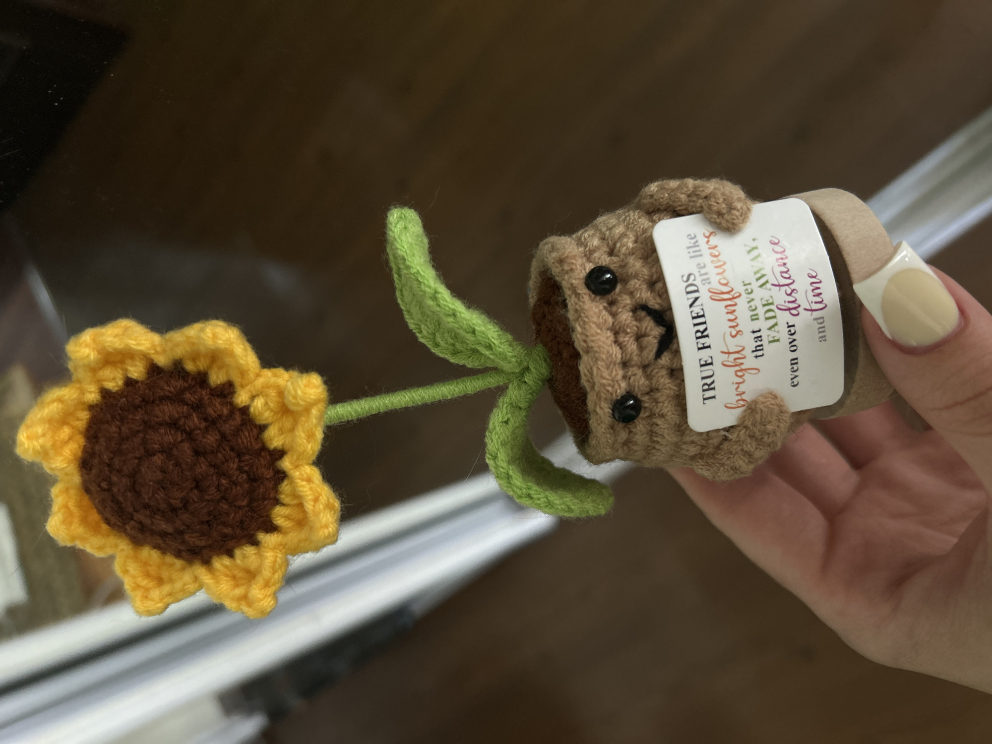 The image displays a charming, handcrafted crocheted item, held by a person's hand, against a dark, blurry background with subtle reflections. The main subject is a small, light brown crocheted pot with a friendly face, featuring black bead eyes and a stitched black smile. From this pot emerges a vibrant green stem with two small leaves, leading to a bright yellow and dark brown crocheted sunflower. The sunflower has distinct yellow petals surrounding a textured brown center.
A white rectangular tag is attached to the pot. The text on the tag reads: "TRUE FRIENDS are like bright sunflowers that never FADE AWAY, even over distance and time." The hand holding the item has a light-colored manicure, possibly a French tip style with pale yellow or beige nails. The setting appears to be indoors, with the background suggesting reflections from a window or a glossy surface. The overall impression is of a heartwarming, handmade gift or decorative piece.
