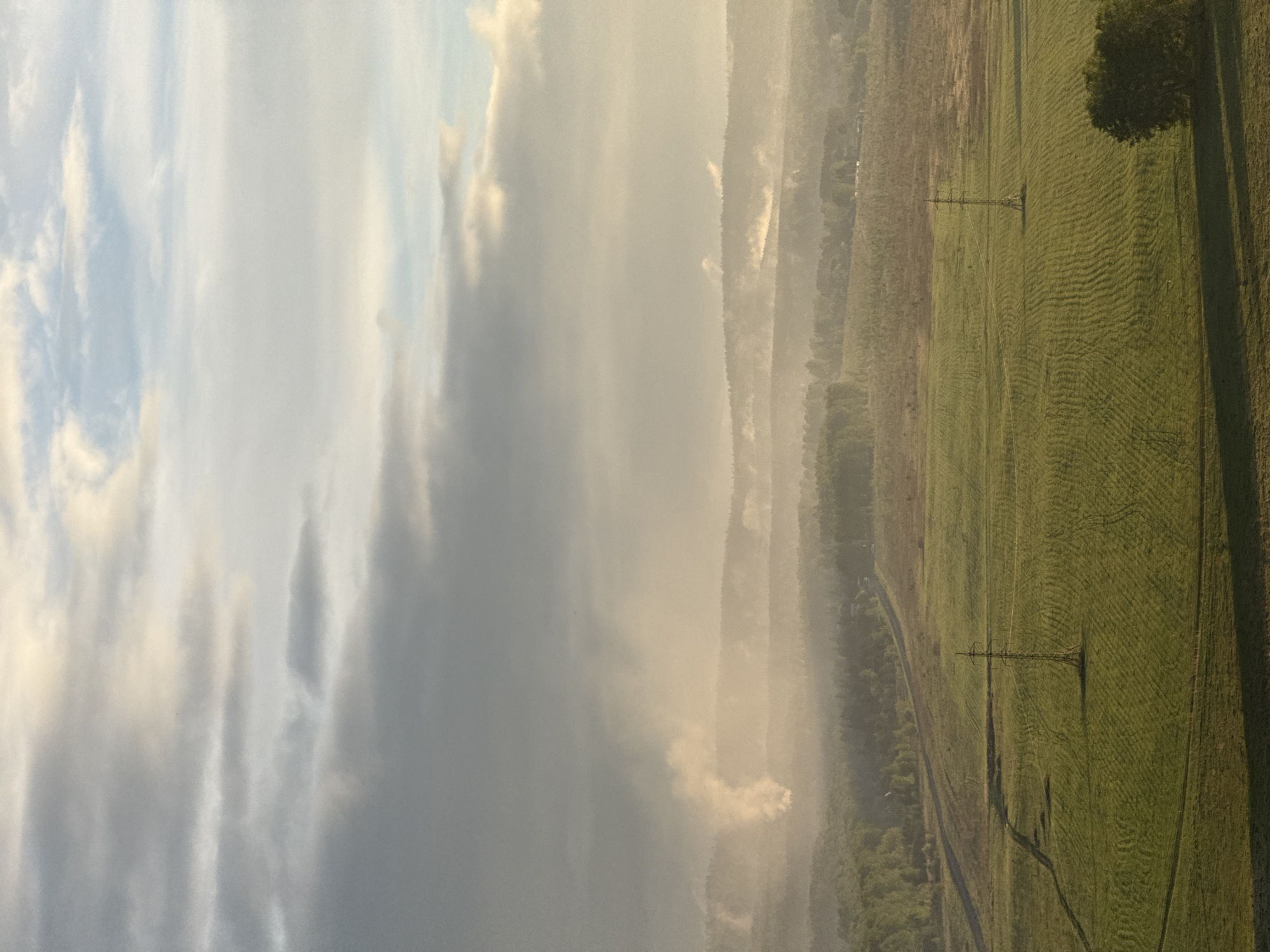 The image shows a landscape with fields and forests under a sky partially covered by clouds. In the foreground, there is a green field with visible lines suggestive of crops or mowing. Power lines traverse the field. Adjacent to the field, there is a strip of forest, and further back, a hazy area that may indicate hills or mountains in the distance. The sky is characterized by a mix of light blue sky and dense cloud cover. There are no people visible in the image. The location of the scene is unknown, and there is no indication of Shamoni, Russia.