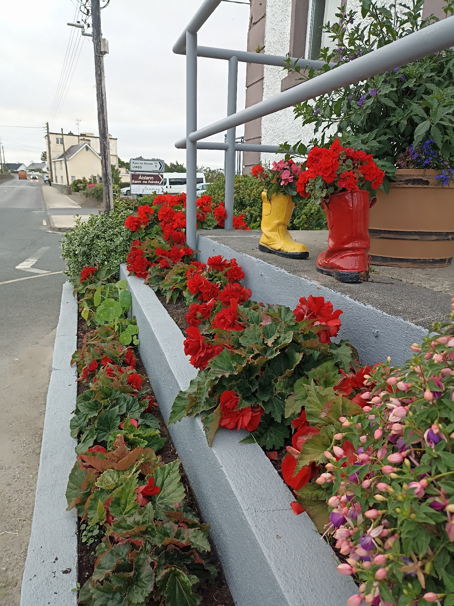 The image shows a row of red begonias planted along a concrete tiered planter box. The planter box is situated next to a grey railing and a building with white siding. Two novelty planters shaped like rain boots, one yellow and one red, are placed on the top tier of the planter box, filled with red flowers. In the background, a street is visible with a white van and a road sign indicating "Rann na Feirste L1403" and "Aislinn" which is likely the location in Annagry, Ireland. The sky is overcast. The scene appears to be an exterior shot of a residential or commercial building's entrance.