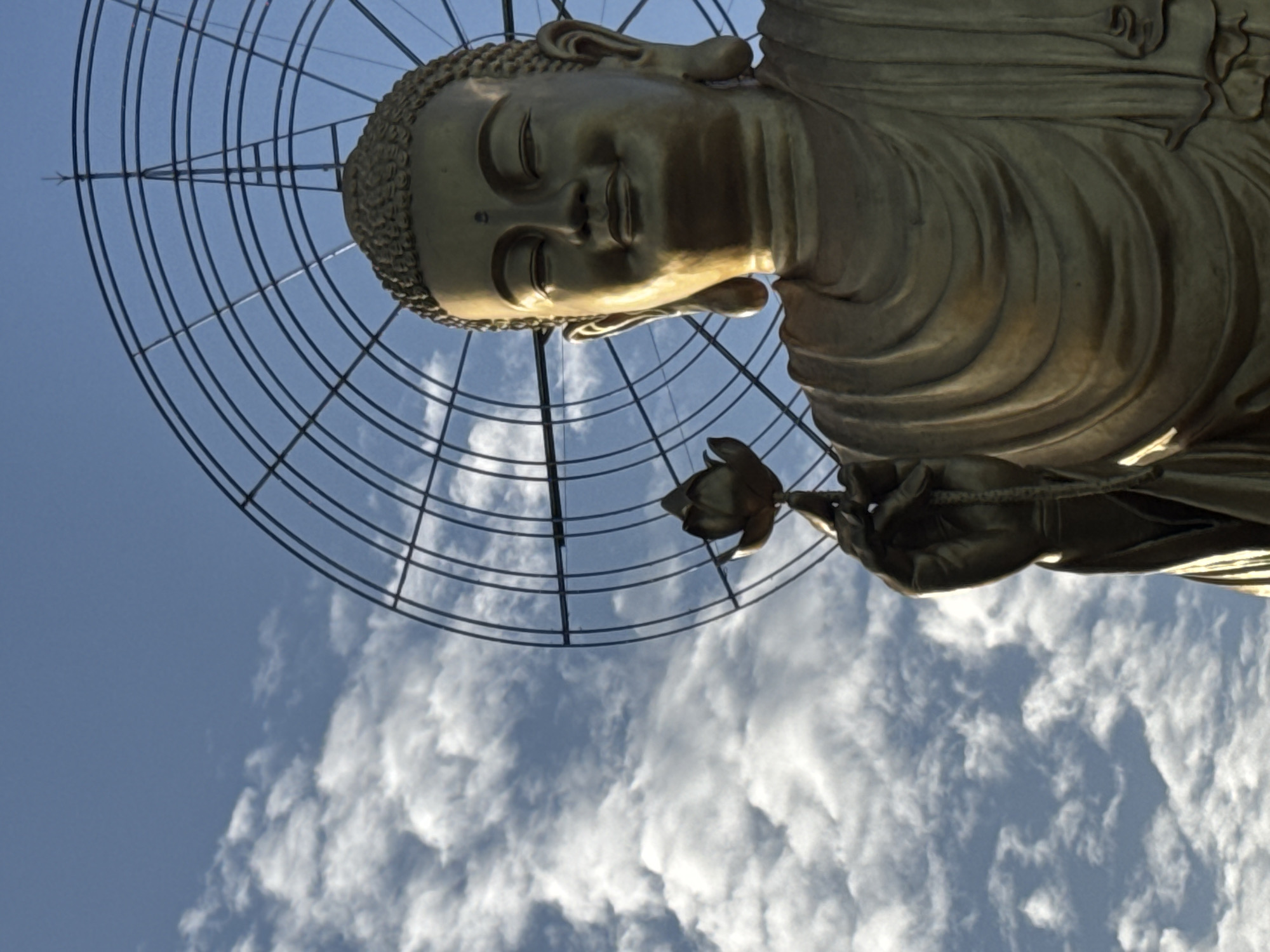 This is a low-angle shot of a large, golden Buddha statue against a bright blue sky filled with white clouds. The statue is positioned on the right side of the frame, with its head and upper torso prominently featured. The Buddha is holding a lotus flower in its right hand, which is raised slightly. Behind the Buddha's head is a large, circular metal structure, possibly a halo or a decorative element. The fabric of the Buddha's robe is detailed with flowing folds. The statue is located in Lâm Viên - Đà Lạt, Vietnam.