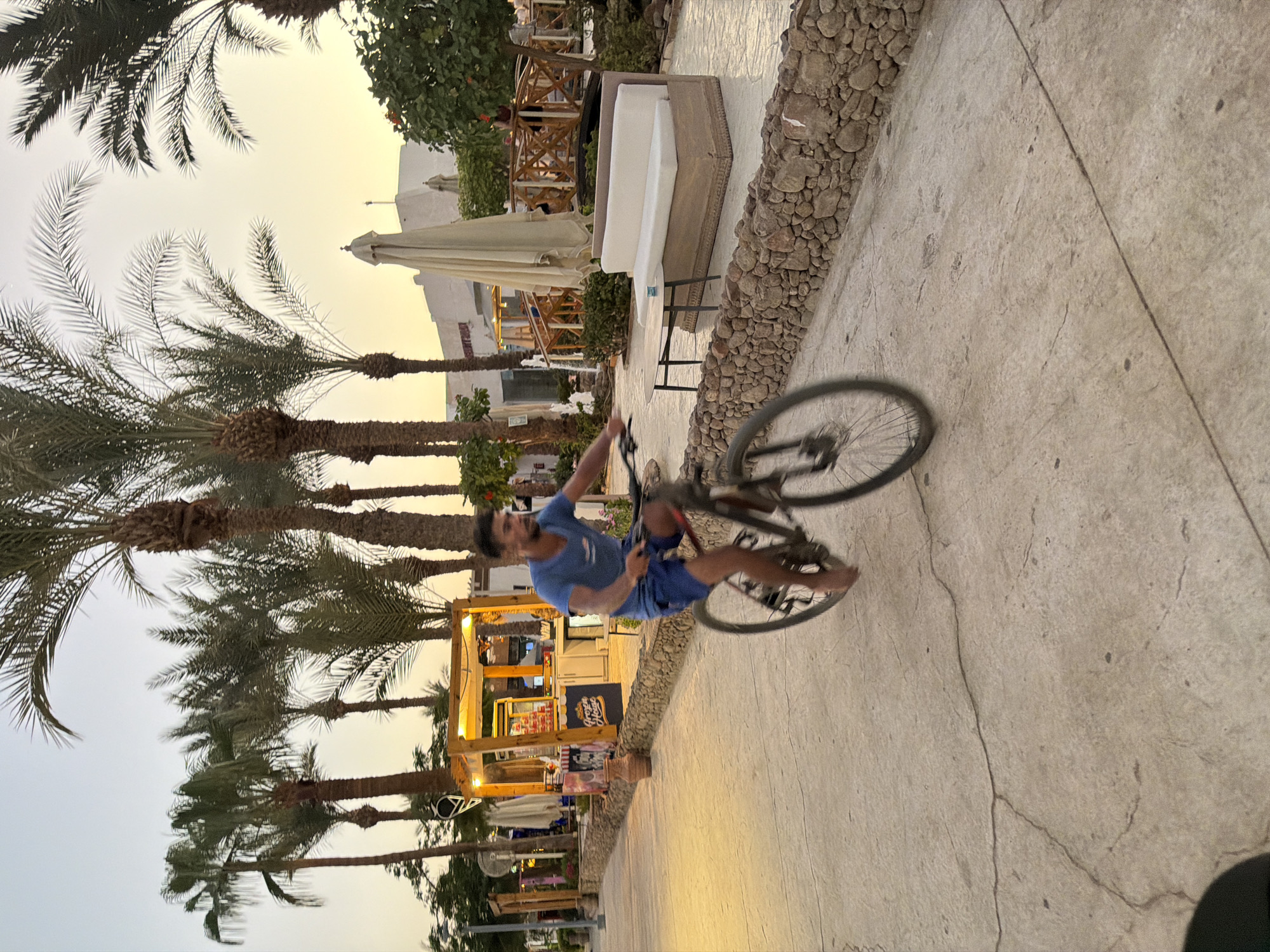 A medium shot captures a man riding a bicycle along a paved walkway in Sharm El Sheikh, Egypt, during what appears to be dusk. The man, wearing a blue t-shirt and blue shorts, is barefoot and in motion, creating a slight blur. His bicycle is dark-colored with visible spokes. The walkway is concrete, showing some cracks, and is bordered by a low wall constructed of natural stones. Palm trees with lush green fronds are prominent in the background, along with some smaller trees and greenery. To the left of the walkway, a small food stand with a wooden frame and yellow lighting is visible, displaying a sign that says "Frozen House." Further back, a white building with large umbrellas and outdoor seating can be seen, suggesting a resort or dining area. The sky is a soft orange and yellow, indicating the setting sun. The overall scene conveys a relaxed atmosphere in a tropical or resort-like setting.