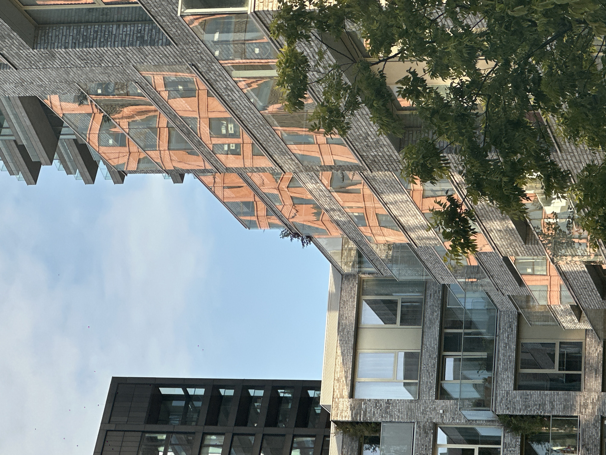 The image captures a scene in Amsterdam, Netherlands, featuring a mix of modern architecture. The primary subject is a building with a facade of gray brickwork and large windows, which reflect another building with a red brick pattern. A tree with green leaves is situated on the right side of the image. A portion of a dark-colored building with similar window patterns is seen in the lower left corner. The sky is visible, with a clear blue tone. The photograph appears to be taken from a ground-level perspective, looking upwards.