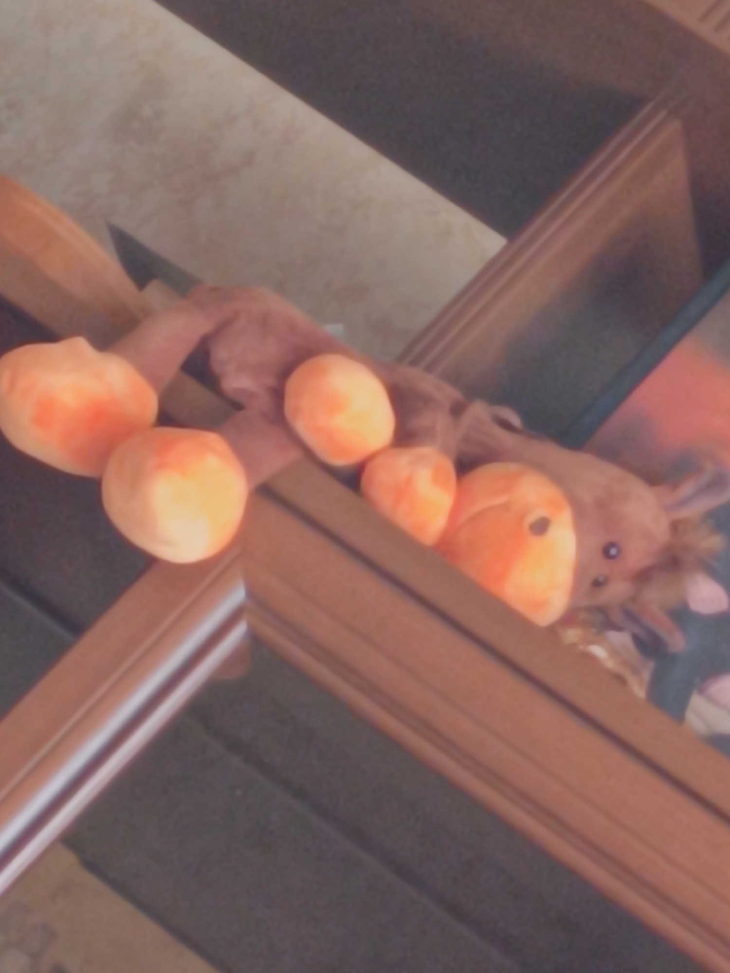 A close-up, angled shot shows a stuffed toy, possibly a giraffe or a similar animal, with light brown fur, lying on a wooden surface. The toy has visible black eyes and a tuft of darker fur on its head. Attached to the toy's body are several round, peach-colored objects that appear to be decorative gourds or small pumpkins. The background consists of a textured, neutral-colored surface and a darker area.