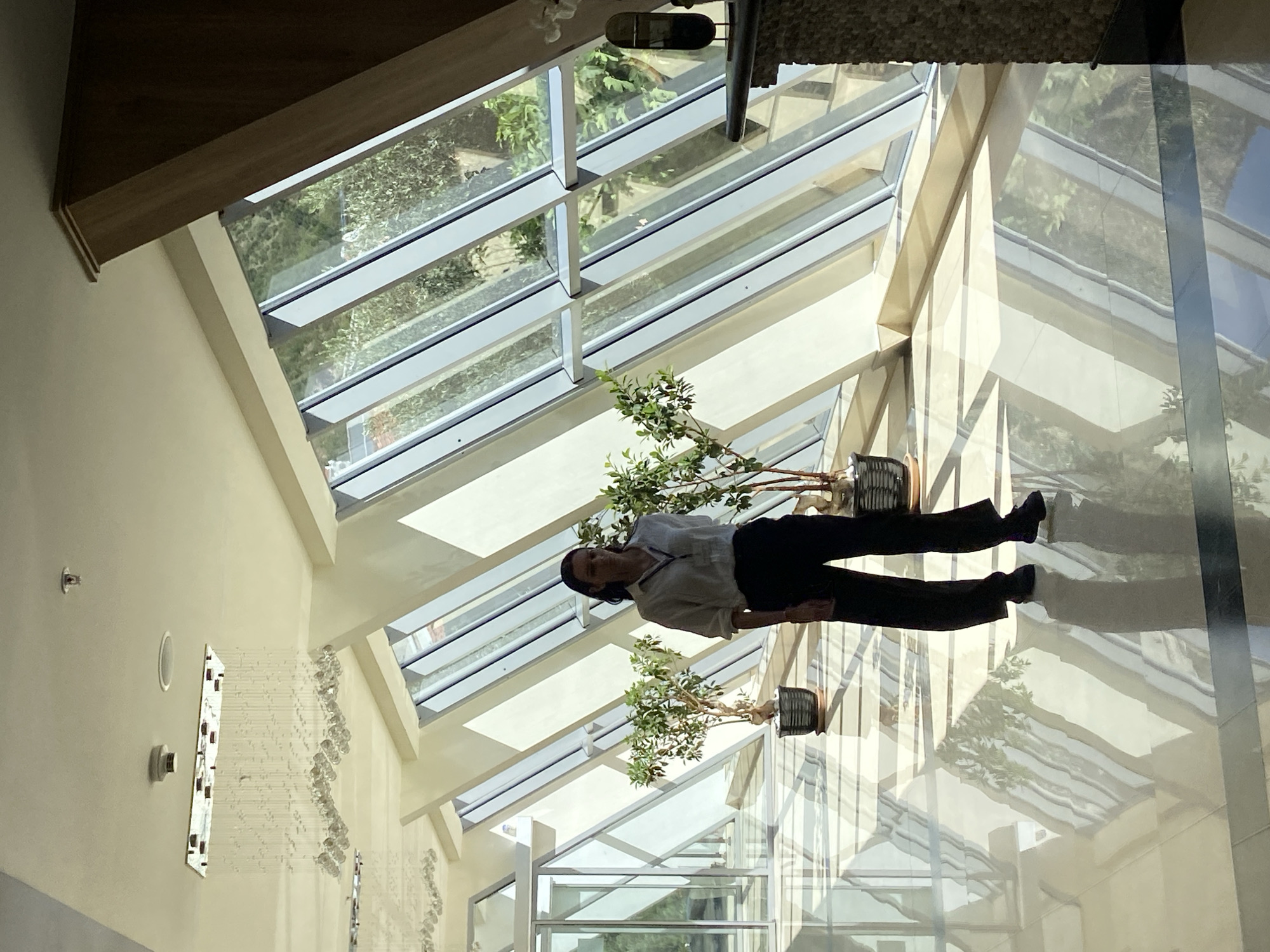 A woman stands in the middle of a modern building's interior hallway. The hallway has a high, angled ceiling with a decorative chandelier and a sprinkler system visible. Large, slanted windows line one side of the hallway, allowing sunlight to stream in and create geometric patterns on the polished floor. Two potted trees are placed strategically in the hallway. The woman is wearing a white collared shirt and black pants, with her dark hair down. She appears to be facing forward and is the sole human subject in the frame. The environment suggests an office building or a hotel lobby, and the lighting indicates it is daytime. The image does not provide any explicit information about the city of Brežine, Montenegro, beyond what is stated in the prompt.