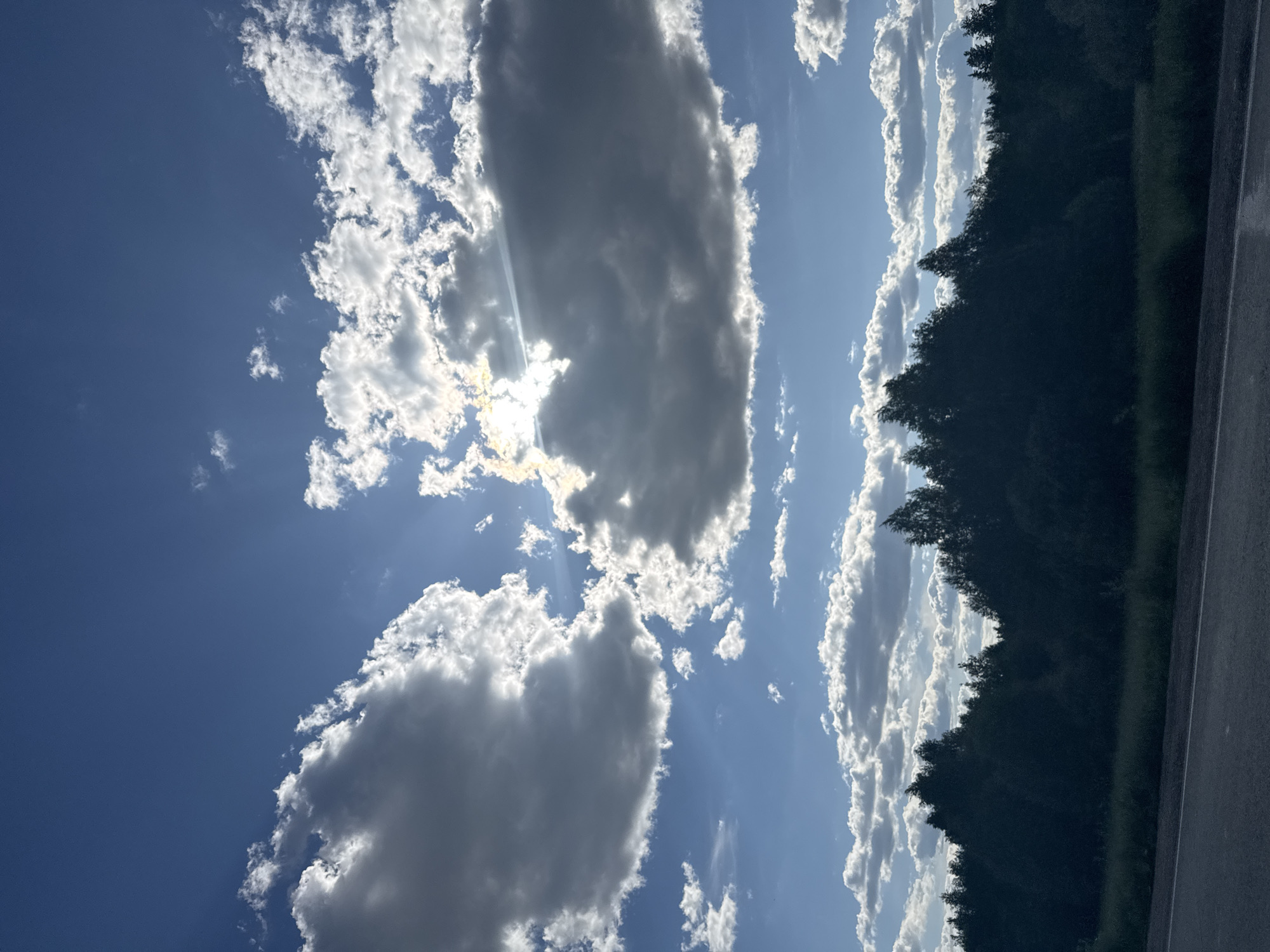 The image depicts an outdoor landscape scene captured in Italmas, Russia, under a partially cloudy blue sky during daylight hours. The sun is positioned in the upper-center, largely obscured by a prominent grey cumulus cloud, producing distinct crepuscular rays that fan outwards. The sky is populated by various cumulus clouds, exhibiting a range of tones from bright white, where illuminated by the sun, to darker grey. A dense, dark silhouette of a treeline, indicative of a forest, spans horizontally across the lower-mid portion of the frame. In the immediate foreground, a segment of a paved road with a visible white edge line runs along the bottom, bordered by shadowed green vegetation. No individuals, identifiable subjects, specific objects beyond the described natural and infrastructural elements, or actions are depicted in the scene.