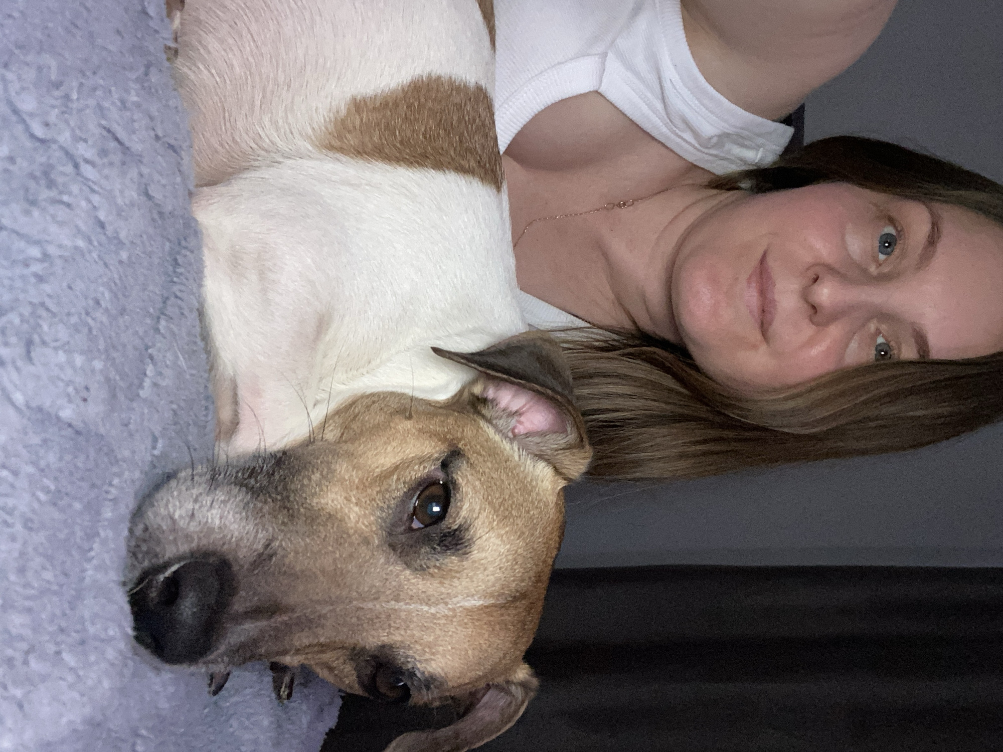 A selfie depicts a woman lying next to a dog on a blue, textured surface. The woman has fair skin, blue eyes, and brown hair. She is wearing a white top and a delicate necklace. The dog, positioned to the left of the woman, has brown and white fur. The background includes a dark, solid surface, possibly a wall. The setting appears to be indoors. The location information of Noviy, Russia, is not discernible from the image.