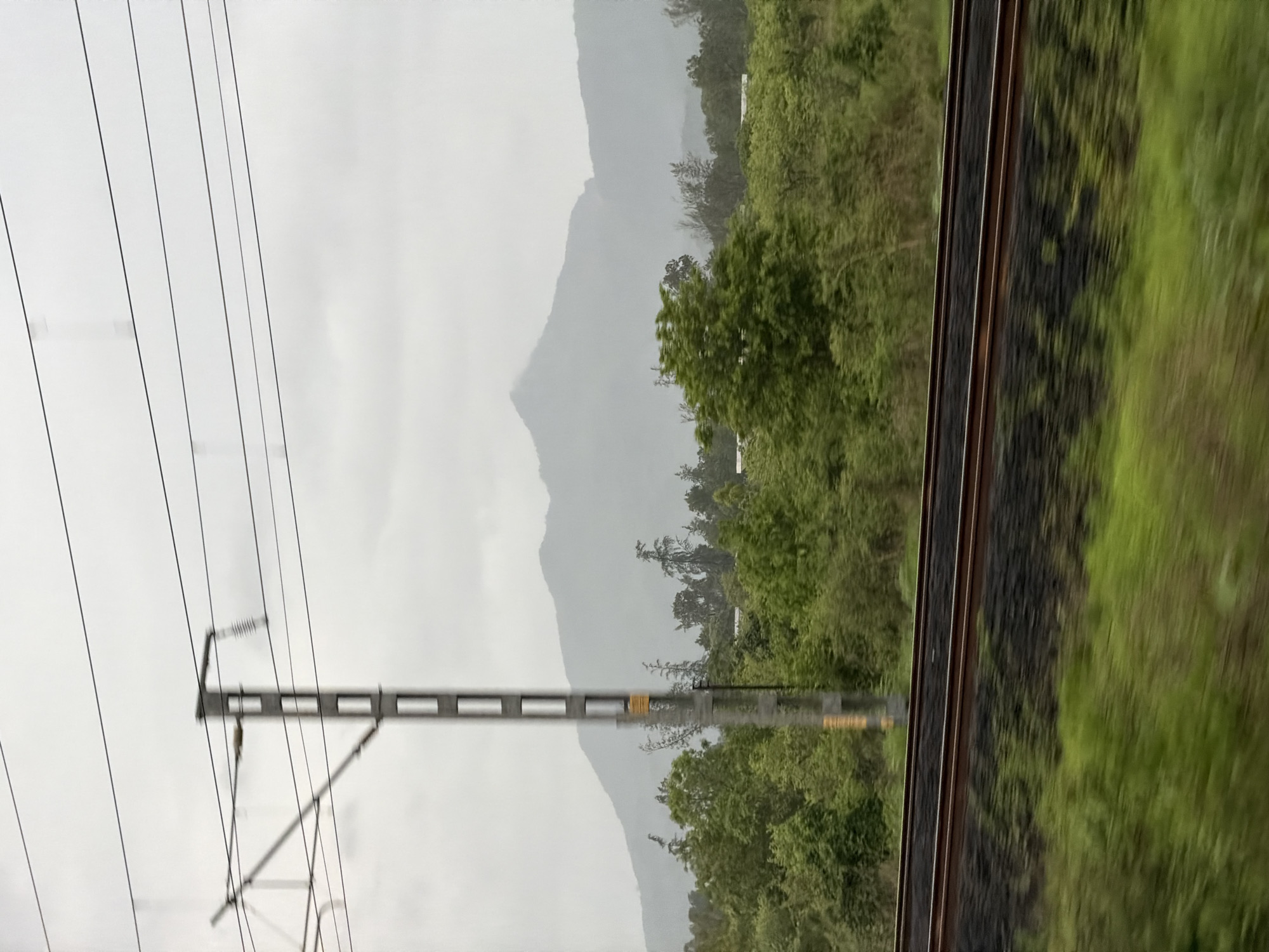 The image depicts a blurred, motion-effect view of a rural landscape in Kelva, India, likely taken from a moving train. A power line pylon with multiple horizontal wires dominates the left side of the frame, set against a hazy, overcast sky. In the middle ground, a dense band of lush green trees and foliage stretches horizontally across the image, with a hint of white structures peeking through in places. Further in the background, the soft, indistinct contours of misty mountains rise against the sky. In the foreground, blurred train tracks run horizontally, with a strip of blurred green vegetation below them, indicating the perspective of someone traveling by rail. The overall impression is one of a natural environment shrouded in a muted, atmospheric light.