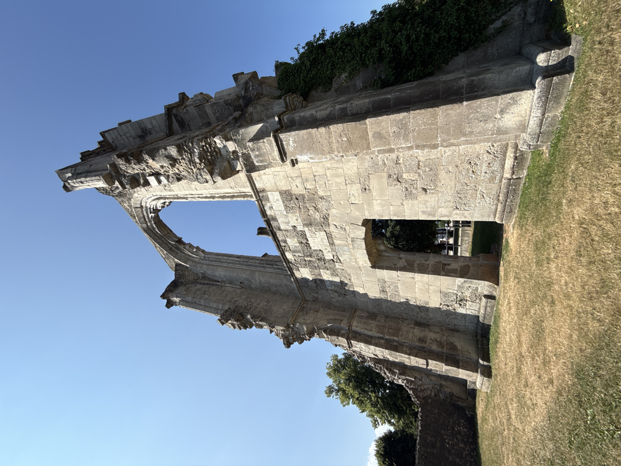 This is a low-angle, full shot of the imposing ruins of the Walkenried Abbey in Walkenried, Germany, under a clear blue sky. The primary subject is a large, weathered stone archway with a gothic architectural style, partially ruined and overgrown with ivy on the right side. The stone structure displays rough-hewn blocks of varying sizes, with visible signs of age and erosion. The archway is framed by broken stone walls that extend to the left and right. In the background, behind the archway, glimpses of green trees and a modern white building or structure are visible, suggesting the abbey is situated near a populated area. The foreground is covered with dry, golden-brown grass. The lighting suggests a sunny day, casting shadows on the stone structure. There are no people or animals visible in the image.