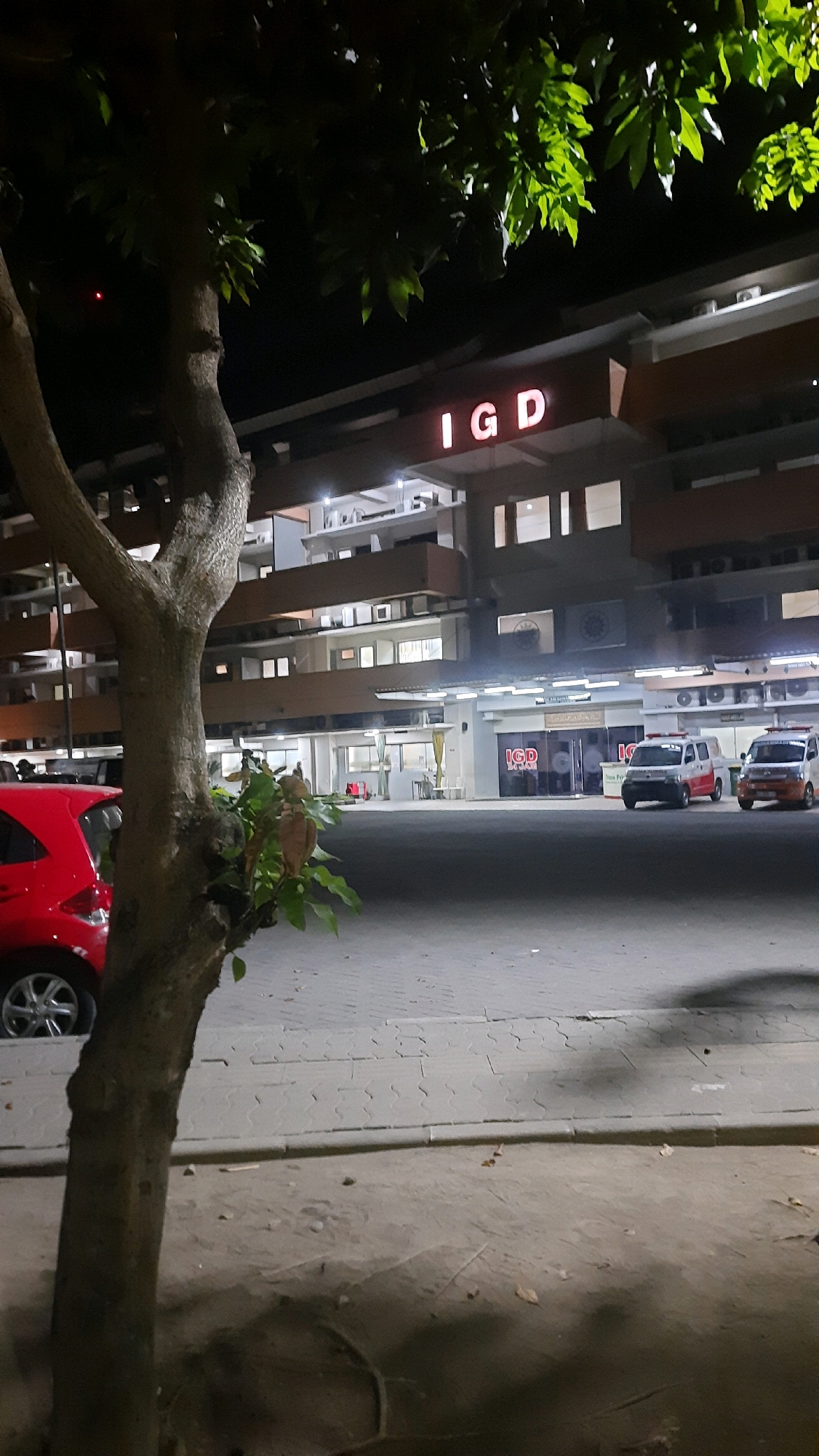 The image shows the facade of a building at night, identified by a large sign reading "IGD" in red neon letters. The building appears to be a hospital or medical facility, as suggested by the "IGD" sign, which is an abbreviation for "Instalasi Gawat Darurat" or Emergency Room in Indonesian. Two white and red ambulances are parked in front of the building. A red car is visible on the left side of the image. The foreground is dominated by a large tree with visible branches and leaves. The ground is paved with interlocking concrete blocks, and there is a darker paved area in front of the building. The scene is lit by artificial lights from the building and surrounding areas.