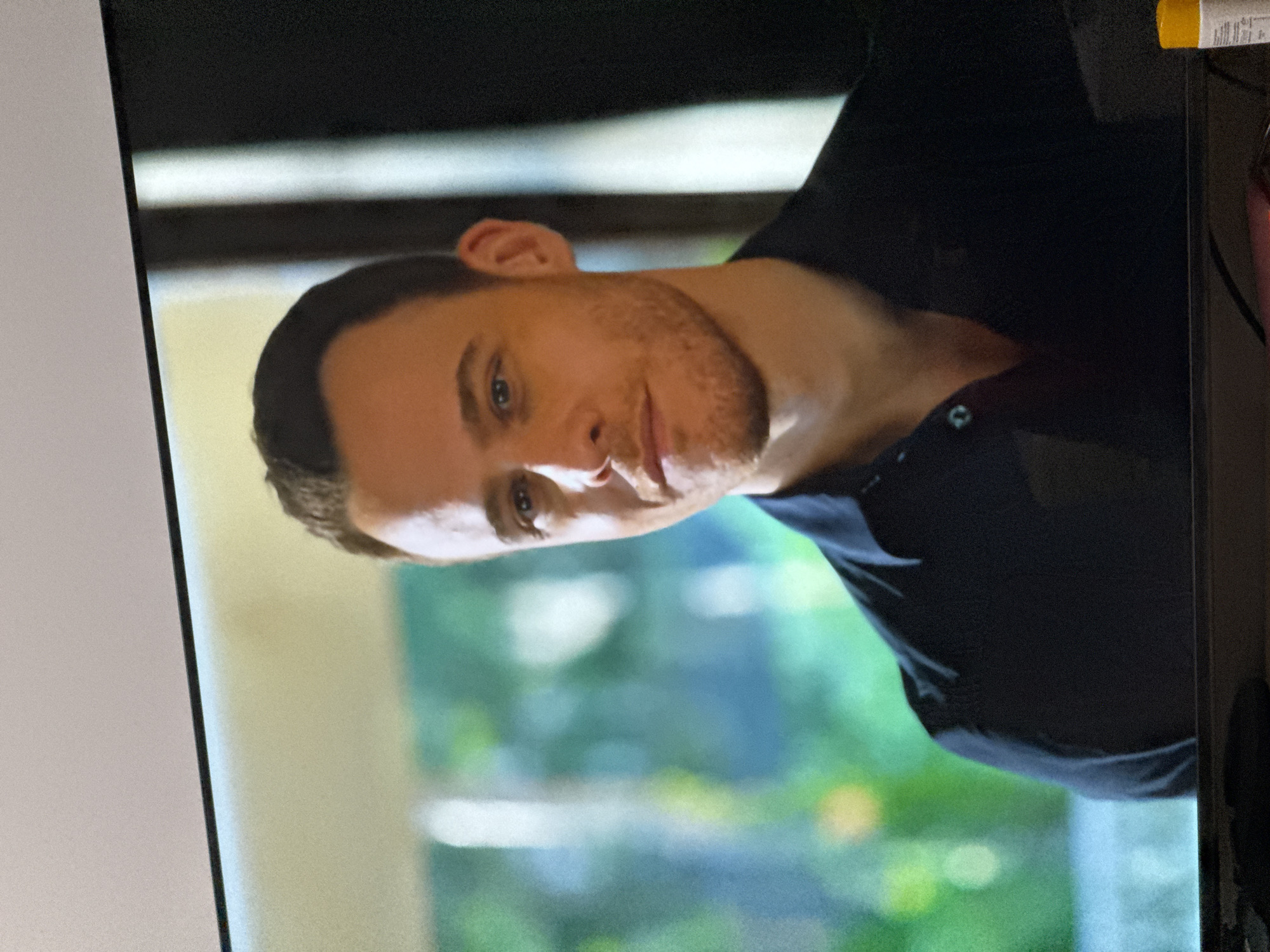 The image shows a close-up, medium shot of a man's head and shoulders, captured from a slightly high angle. The man has fair skin, short brown hair, and light blue eyes. He is wearing a dark collared shirt with the top two buttons undone, revealing a glimpse of a darker layer underneath. His expression is neutral, with a slight smile. The background is blurred, featuring a mix of greens and yellows, suggesting an outdoor or nature-inspired setting, possibly a garden or park. The lighting appears to be natural, casting soft shadows on the man's face. The image quality is slightly grainy, indicating it was likely taken with a digital camera or smartphone. There is no visible indication of the location being in Sofia, Bulgaria, or any other specific city.