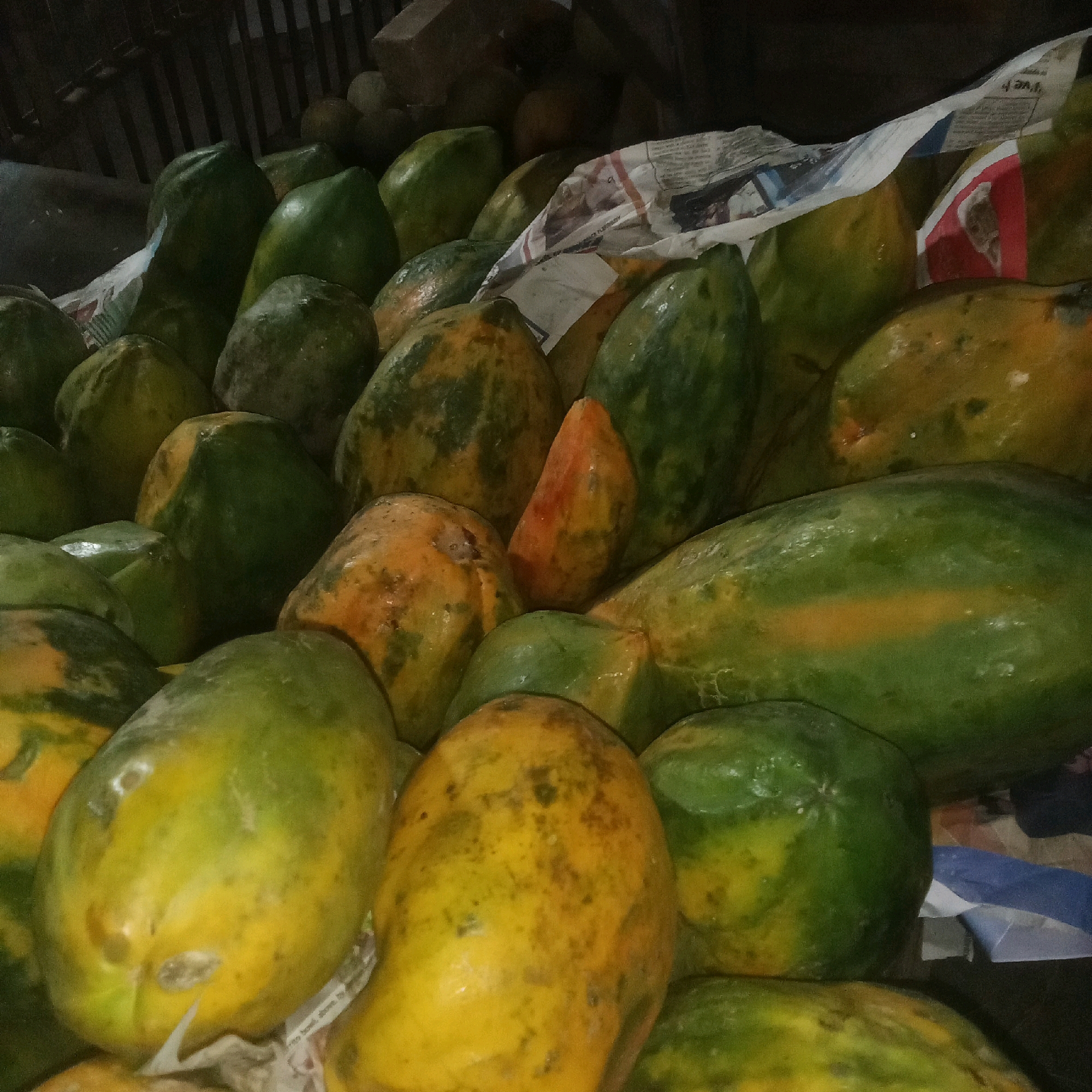 A close-up, top-down, dimly lit, high-angle shot shows a pile of papayas, some ripe and yellow, others green and unripe, arranged in a market setting. The papayas are stacked haphazardly, with some nestled on top of others. Portions of newspaper are visible beneath some of the fruits, suggesting a makeshift stall. The background is dark and indistinct, with vertical slatted structures visible at the top left, possibly part of a market stall or a wall. The lighting is uneven, casting shadows and highlighting the varied textures and colors of the papayas, from their smooth skins to the occasional spots and blemishes. The overall impression is of a market stall in Karawang, Indonesia, displaying fresh produce.