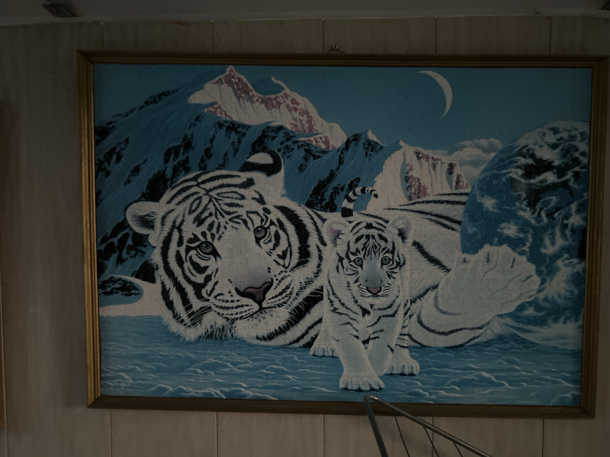 A framed jigsaw puzzle depicts two white tigers, an adult and a cub, in a snowy mountain landscape. The adult tiger lies in the foreground, its head turned towards the viewer, while the cub stands in front of it, looking forward. Snow-covered mountains and a crescent moon are visible in the background. The puzzle is hanging on a wall with wood-paneled sections. There is a railing in the lower right corner of the image. The location is the city of Gelendzhik, Russia.
