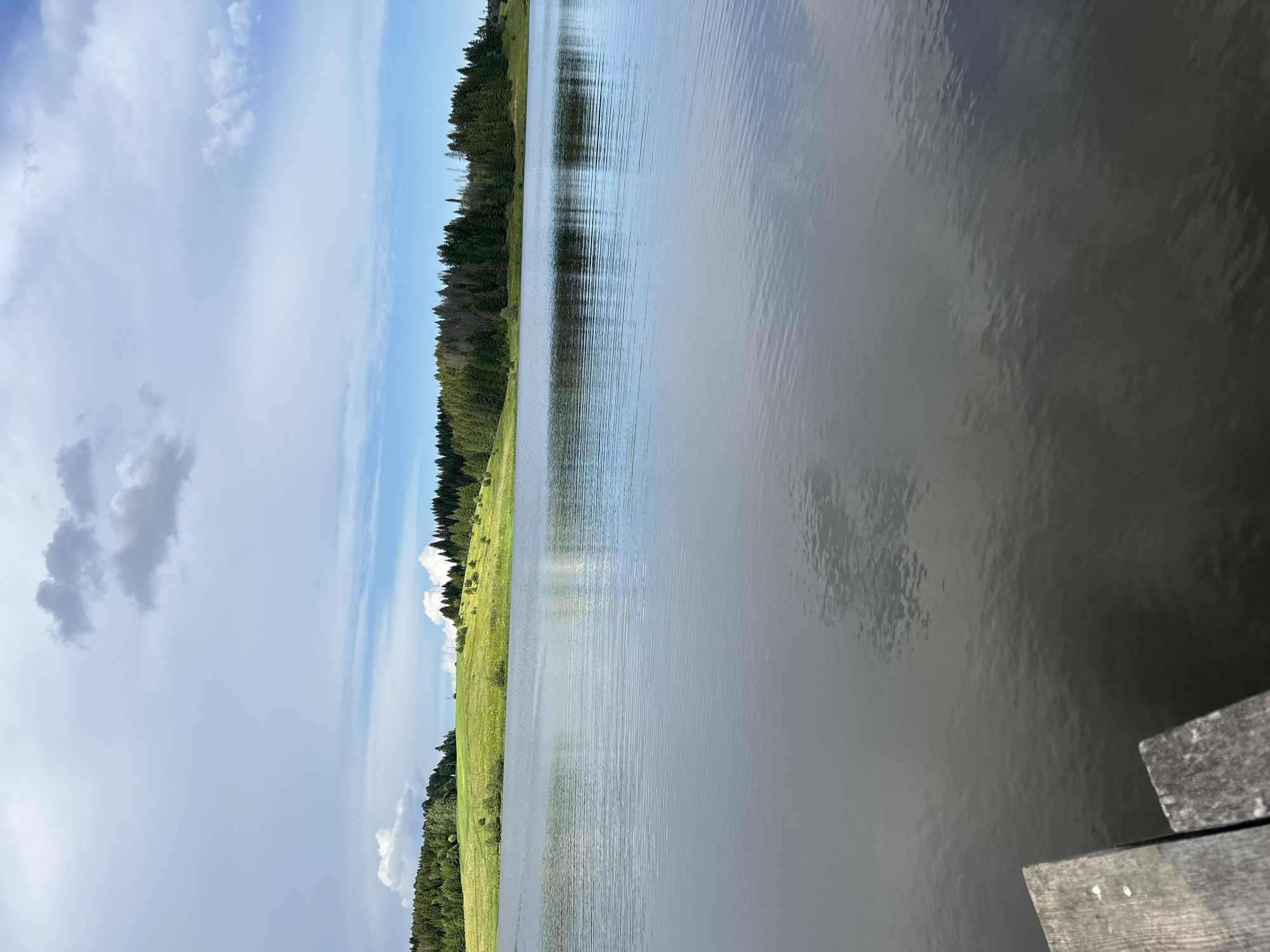 This media file depicts a wide, calm body of water, likely a lake or river, on a partly cloudy day. The water's surface is rippled, reflecting the pale blue sky and the dark green of a dense forest that lines the far bank. To the left of the water, a grassy slope rises, dotted with scattered trees and leading up to the forest. The sky is a mix of bright blue patches and soft, wispy white clouds, with a few darker, more defined clouds in the distance. The overall impression is one of tranquility and natural beauty. The scene appears to be a daytime shot, possibly late morning or early afternoon, given the brightness of the sky. There are no people or discernible objects in the water or on the land, emphasizing the natural landscape. In the lower right corner, a fragment of a wooden structure, possibly part of a dock or pier, is visible, suggesting a point of access to the water. The location is identified as Верх-Рождество, Russia, which provides geographical context for this serene waterscape.