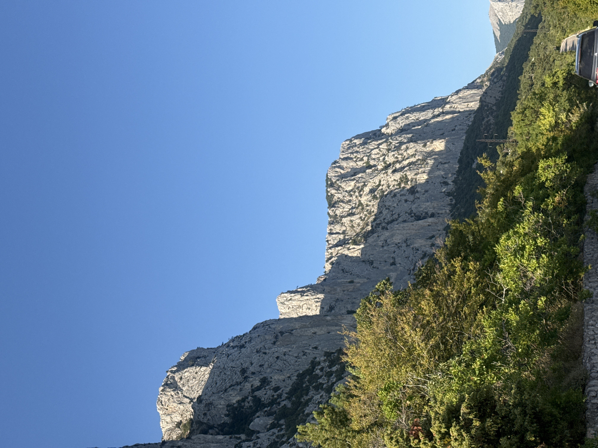 An eye-level, vertical, medium shot captures a dramatic mountain landscape under a clear, bright blue sky. The foreground is dominated by lush green foliage, with a textured stone wall lining the bottom edge of the frame. Beyond the greenery, massive, rugged, grey rock formations rise steeply, their surfaces etched with deep crevices and illuminated by strong sunlight, casting sharp shadows. A paved road winds its way into the distance, disappearing behind trees and the mountainous terrain. On this road, a dark-colored SUV is partially visible, facing away from the camera. The scene is set in the Форосский поселковый совет, Ukraine, during daylight hours.